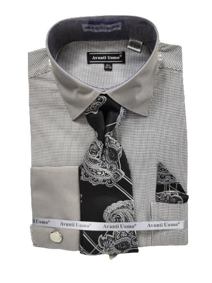 AVANTI UOMO JQD Men's Dress Shirt with Tone-on-Tone Collar & Cuff - Premium Black Formal Shirt for Business, Office & Special Occasions