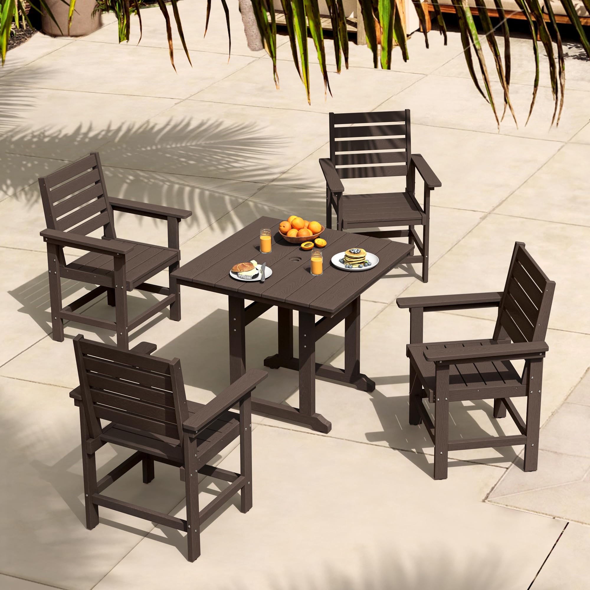 5-Piece Outdoor Dining Set - HDPE Weather-Resistant Patio Table & Chairs with Umbrella Hole - Square Balcony Furniture Set (Dark Brown) - Perfect for Backyard, Garden & Poolside Entertaining