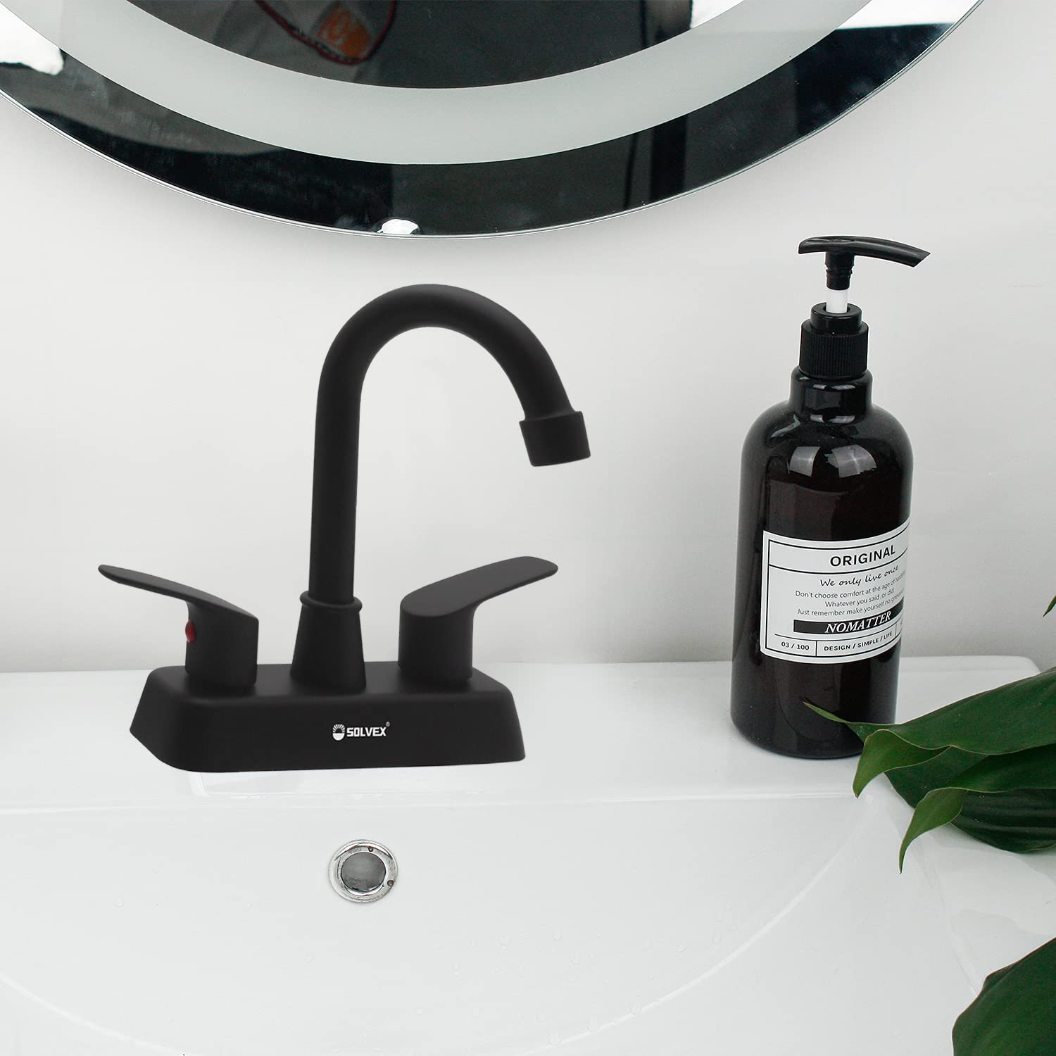 SOLVEX Matte Black 4 Inch Centerset Bathroom Faucet - 3 Hole Deck Mounted Sink Faucet with Lever Handles SP-40067-N for Bathroom Vanity & Powder Room Renovation