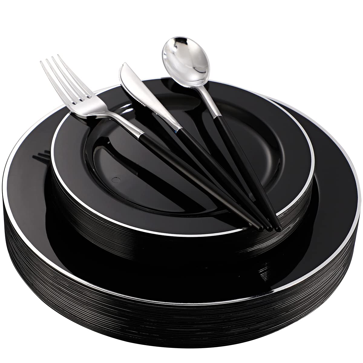 WELLIFE 120-Piece Black & Silver Plastic Dinnerware Set - 24 Dinner Plates, 24 Dessert Plates & 72 Silverware for Parties, Weddings & Events - Elegant Disposable Tableware for Catering, Picnics & Outdoor Gatherings