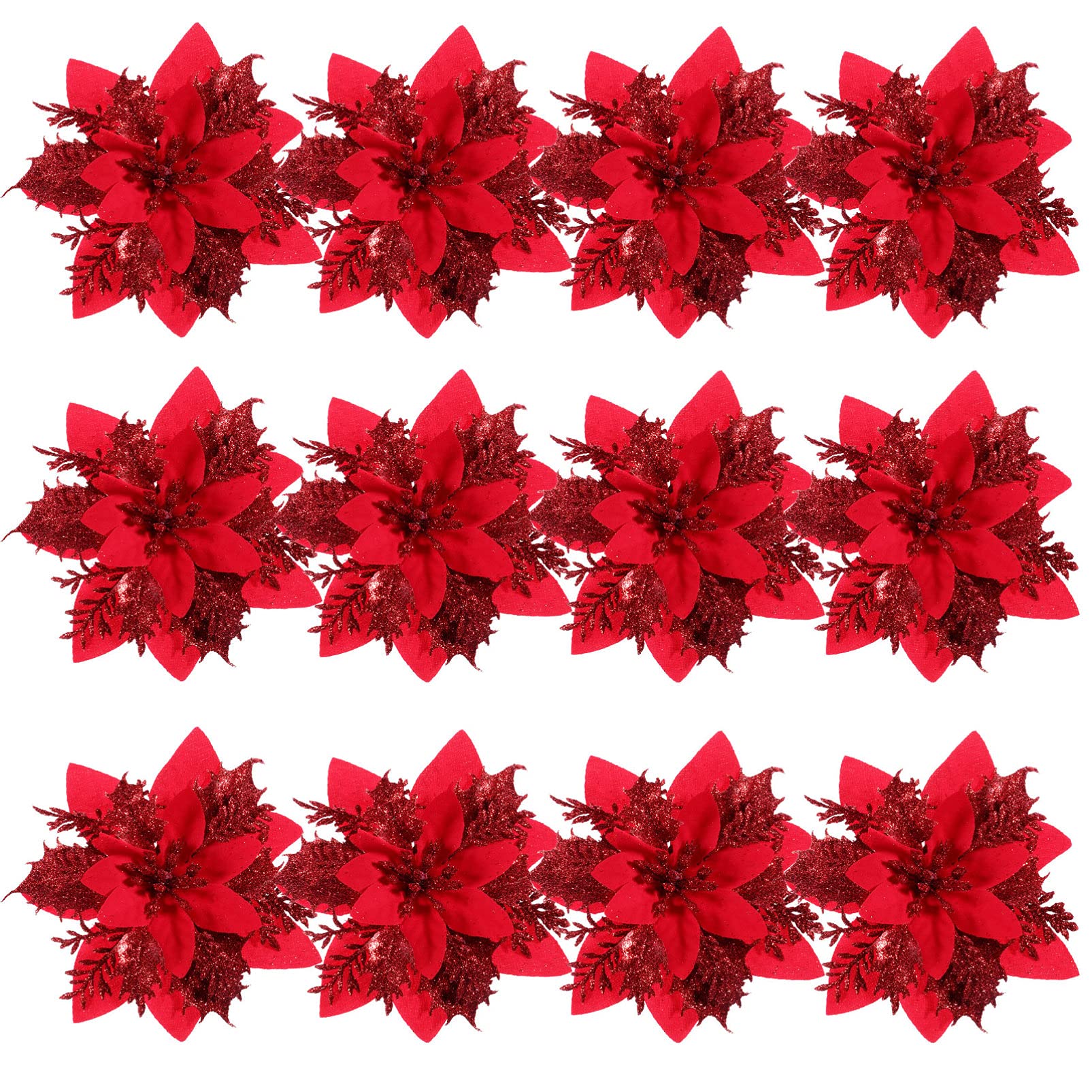 NUOBESTY 12-Piece Red Glitter Poinsettia Flowers Set - Artificial Christmas Tree Ornaments with Stems & Clips for Holiday Home Decor, Xmas Party & Festive Gift Wrapping