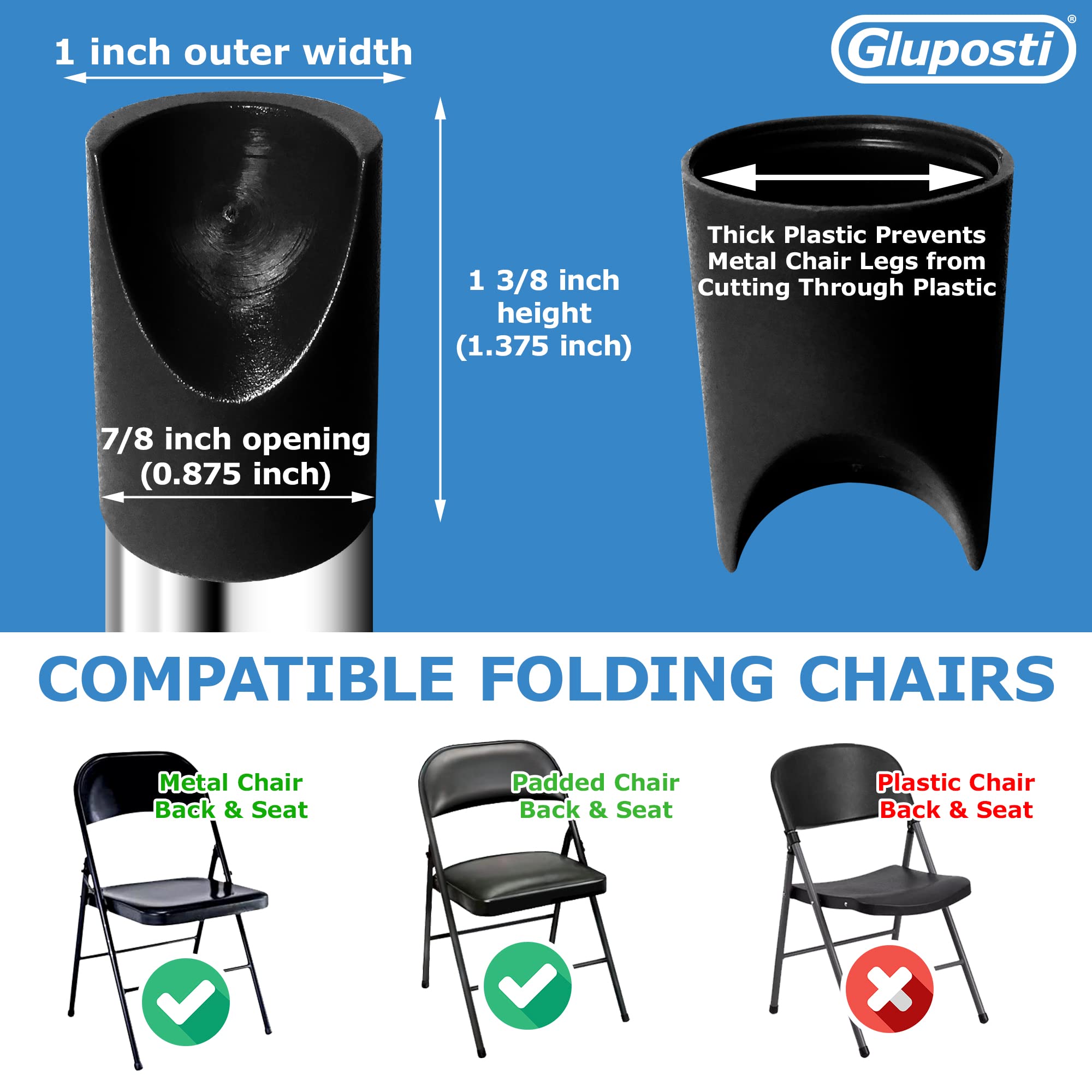 8 Pack Black Folding Chair V-Tip Stabilizer Caps - 7/8 Inch Inner Diameter Heavy Duty Nylon Leg Protectors, Non-Scratch Round Top Replacement Plugs for Metal & Padded Folding Chairs - Perfect for Home, Office, Restaurant and Event Use