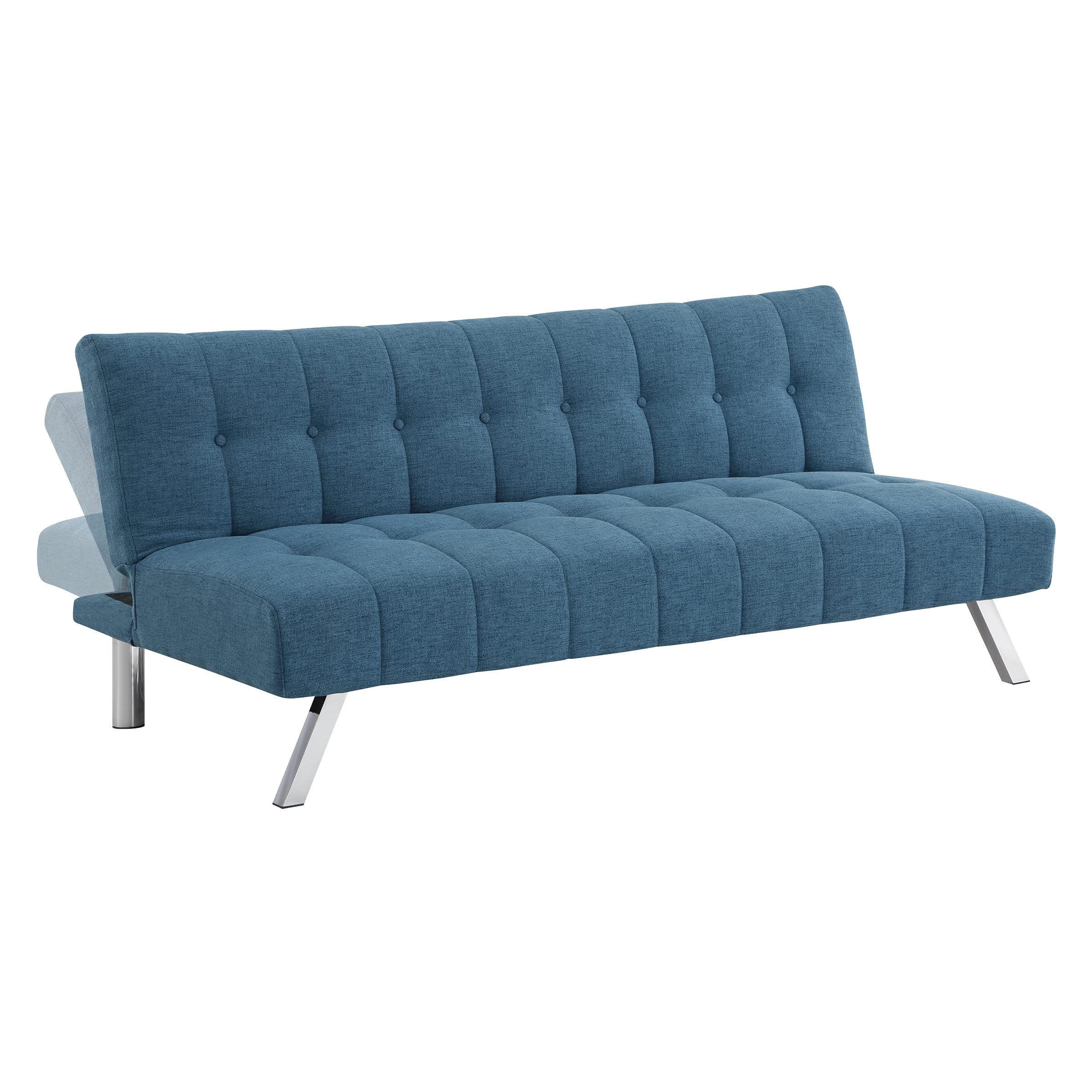 OSP Home Furnishings Sawyer Convertible Futon Sofa with Easy Lift Mechanism & Stainless Steel Legs - Blue Fabric Upholstery | Perfect for Small Spaces, Guest Rooms & Home Offices