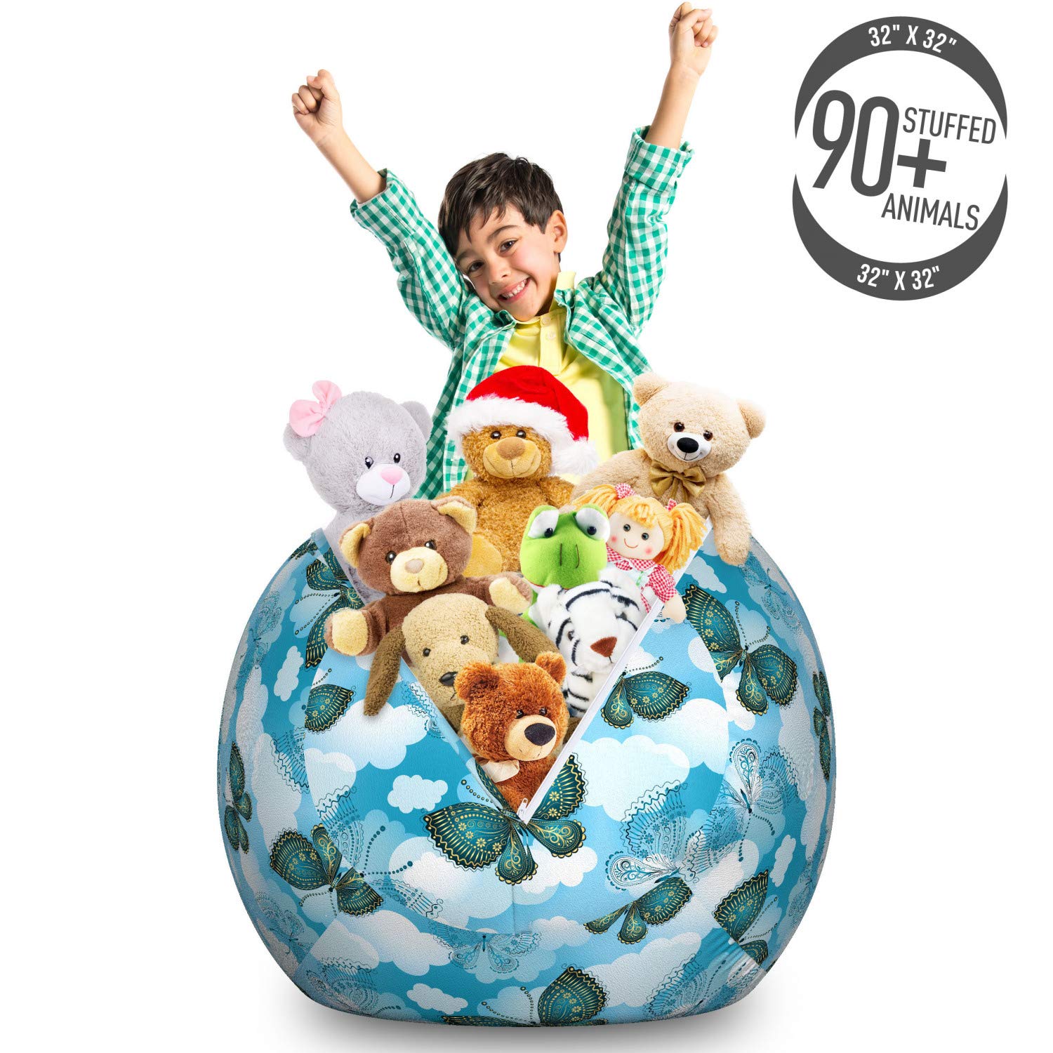 Ambesonne Butterfly Storage Toy Bag Chair - Floral Ornamental Moths Design with Sky Clouds Pattern, Large Washable Stuffed Animal Organizer in Sky Blue & Dark Teal - Perfect for Kids' Room, Nursery, Playroom & Toy Storage Organization