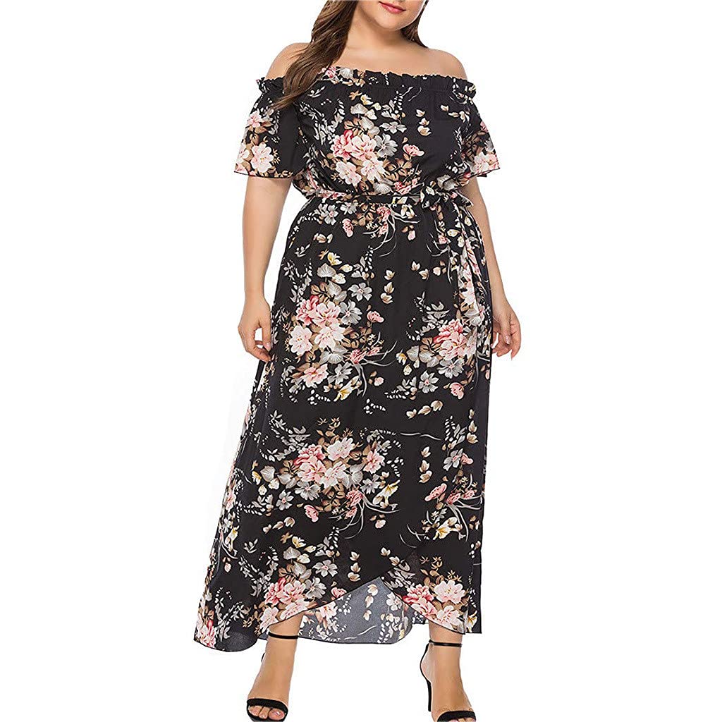 Hesxuno Women's Floral Print Summer Maxi Dress - Casual Loose Fit Beach Dress with Short Sleeves, Plus Size - Perfect for Vacation, Pool Party & Outdoor Activities