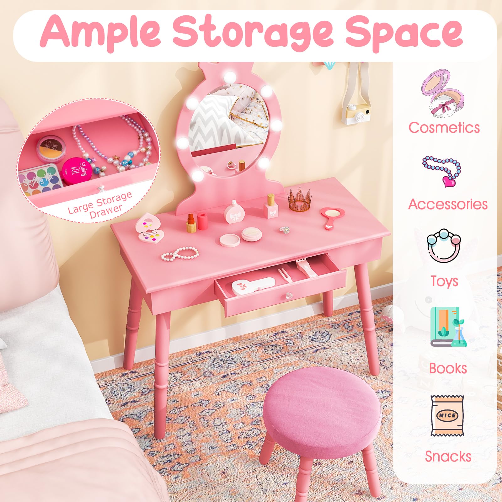 Costzon Kids Vanity Set with Mirror, Stool & LED Lights - 2-in-1 Wooden Makeup Dressing Table with Drawers for Girls - Pretend Play Vanity Desk & Chair Set (Pink) - Perfect for Birthday Gifts, Bedroom Decor & Role Play Activities