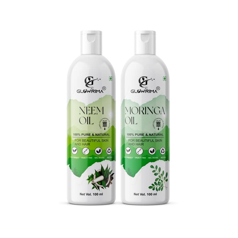 Glowrima 100% Pure Neem Oil & Moringa Oil Combo (100ML Each) for Hair Growth, Anti Hair Fall, Split Ends Repair – Promotes Soft, Shiny Hair – Pack of 2 – Perfect for Daily Hair Care & Scalp Treatment