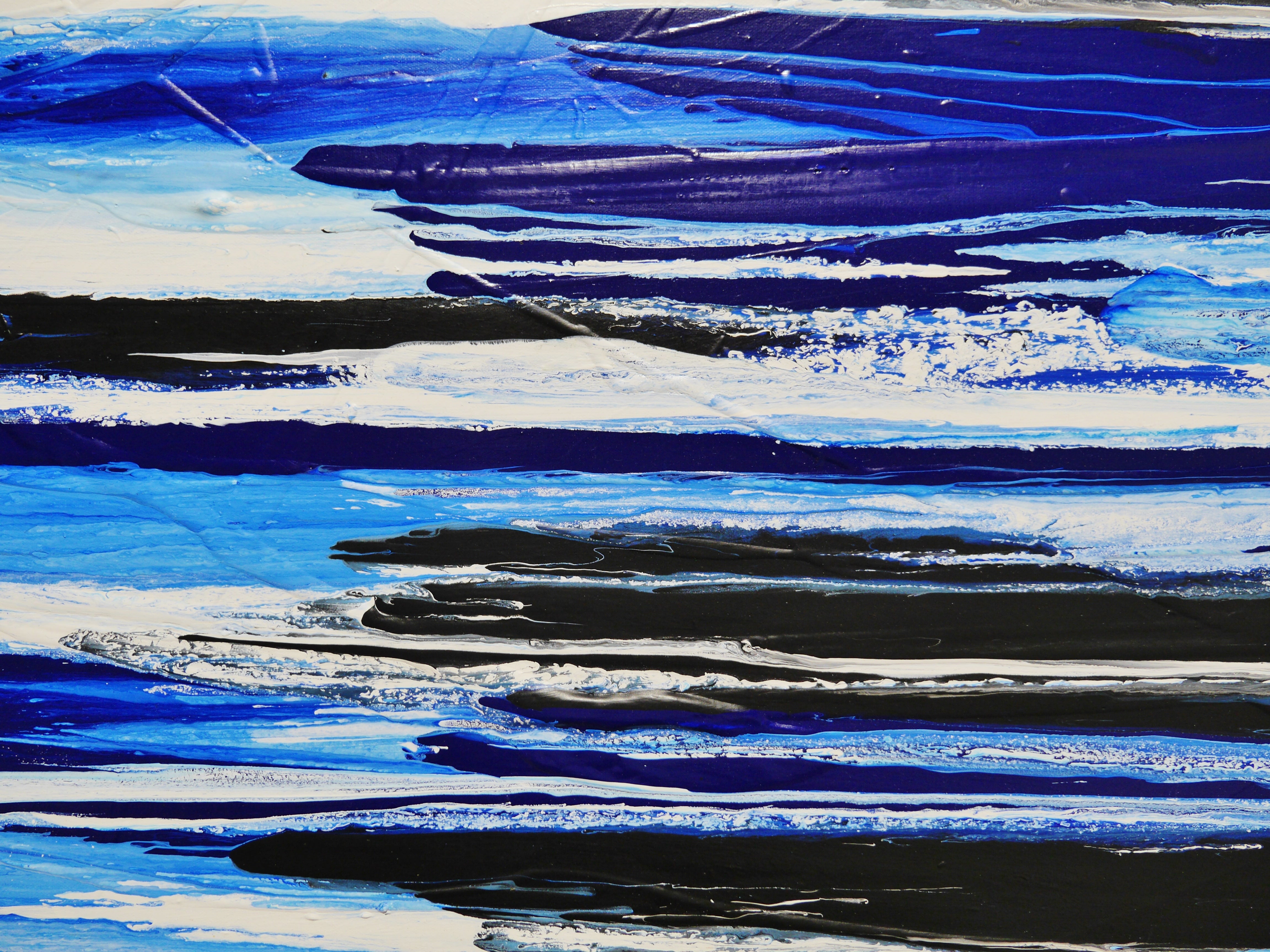 Blue White Black Textured Abstract Painting - Sapphire Flow 200cm x 80cm Canvas Wall Art for Living Room, Bedroom & Office Decor