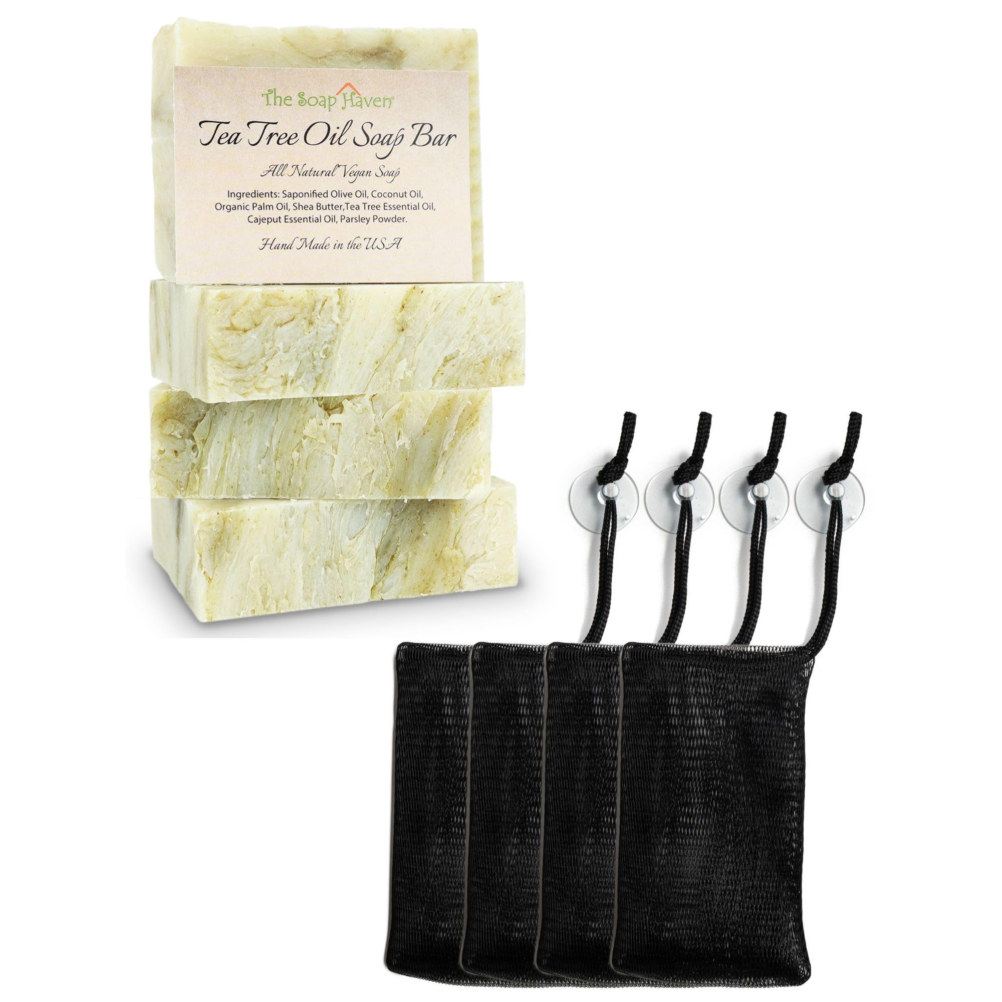 4 Pack Tea Tree Oil Soap Bars with 4 Mesh Soap Saver Bags - Natural Acne Treatment & Exfoliating Body Wash for Clear Skin - Perfect for Shower, Bath, and Travel