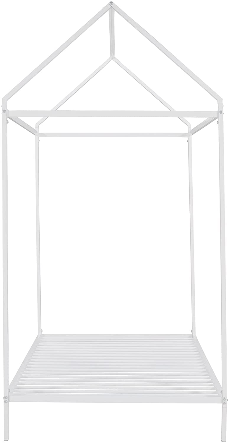 Montessori Twin Metal House Bed for Kids - White Floor Bed Frame with Roof for Boys & Girls - No Box Spring Needed - Perfect for Children's Bedroom & Playroom Decor