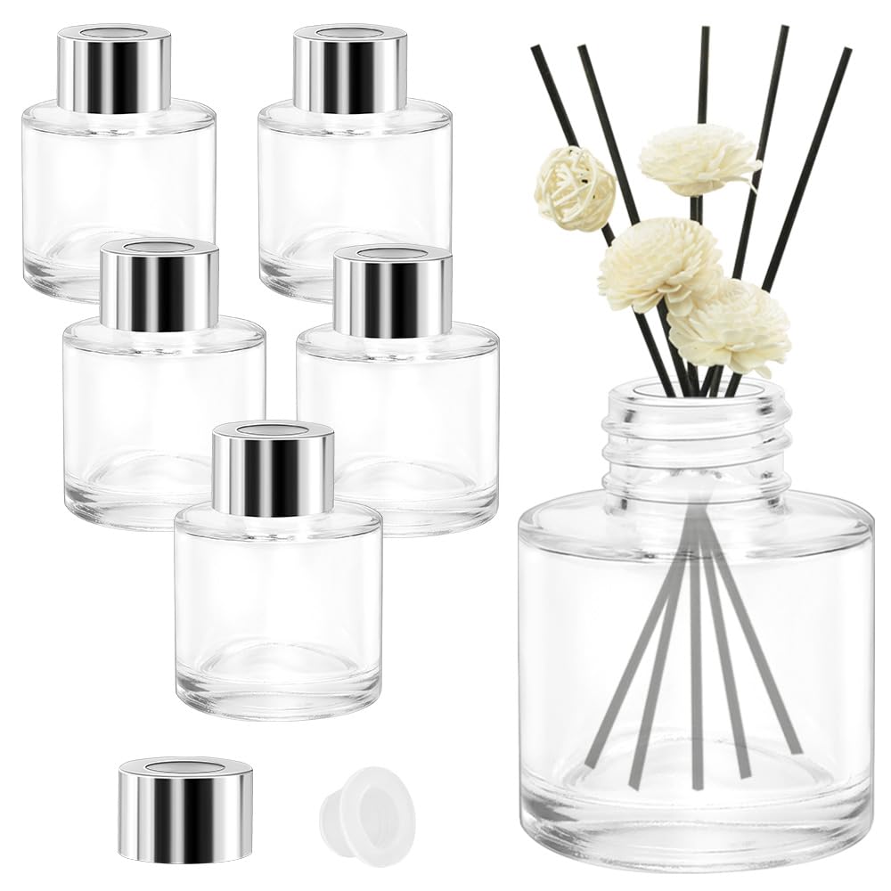 EMAGEREN 6-Pack 50ml Clear Glass Diffuser Bottles - Round Empty Essential Oil Bottles for Aromatherapy, Home Fragrance & Perfume - Perfect for DIY Blends, Reed Diffusers & Gift Sets