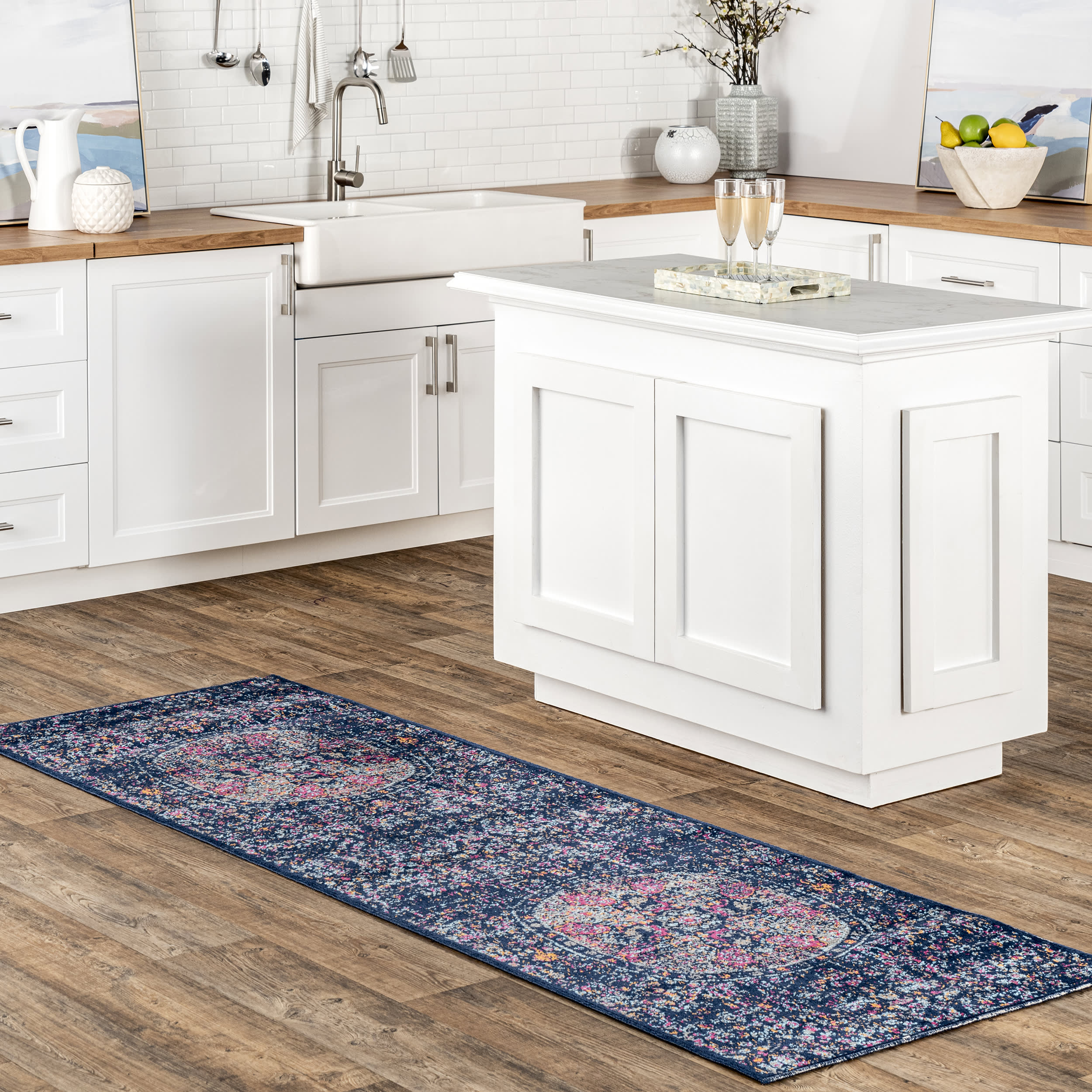 Floral Mandala Area Rug - Navy Blue Bohemian Design for Living Room, Bedroom, or Meditation Space