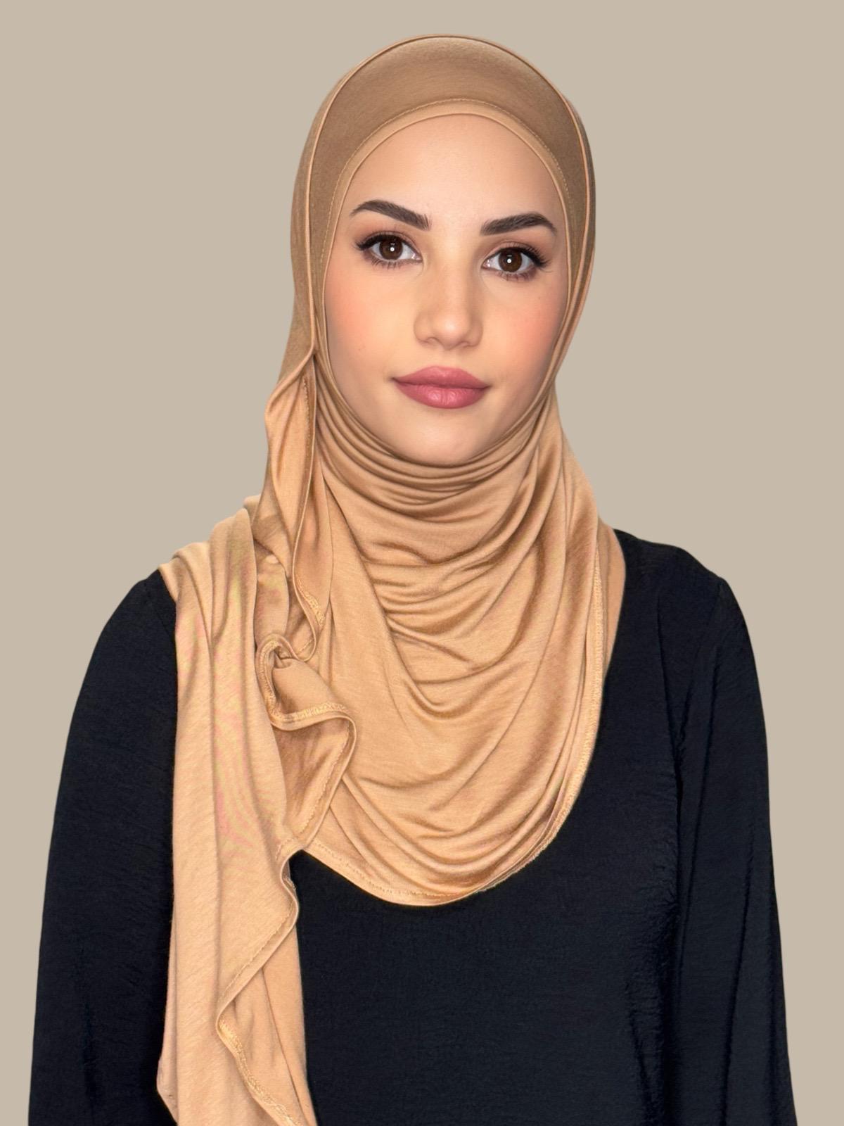 Honey Color Pre-Sewn Jersey Hijab - Soft & Comfortable Muslim Headscarf for Daily Wear & Special Occasions