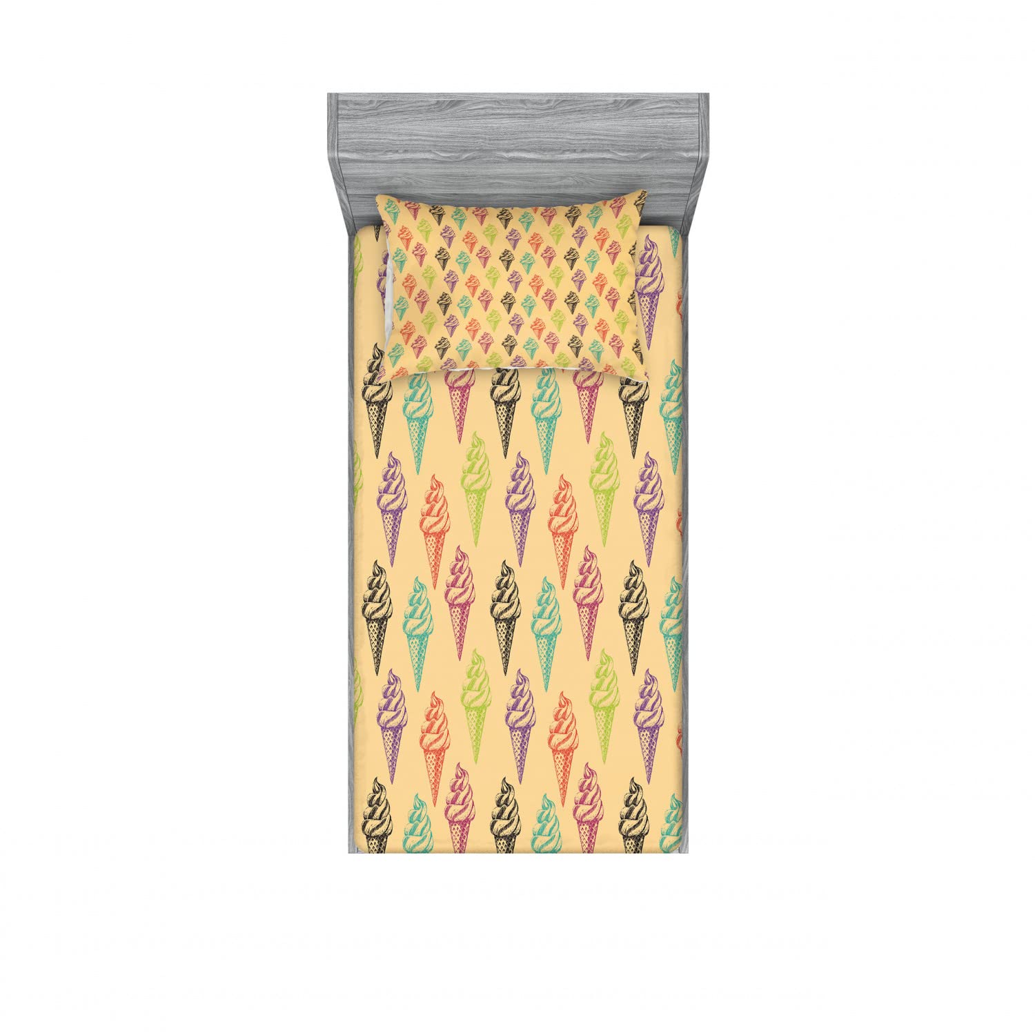 Ambesonne Ice Cream Themed 2-Pack Twin XL Fitted Sheets & Pillow Sham Set - Grunge Style 4-Piece Bedding Decor (Multicolor) for Teen Bedrooms, Dorm Rooms & Retro Themed Decor