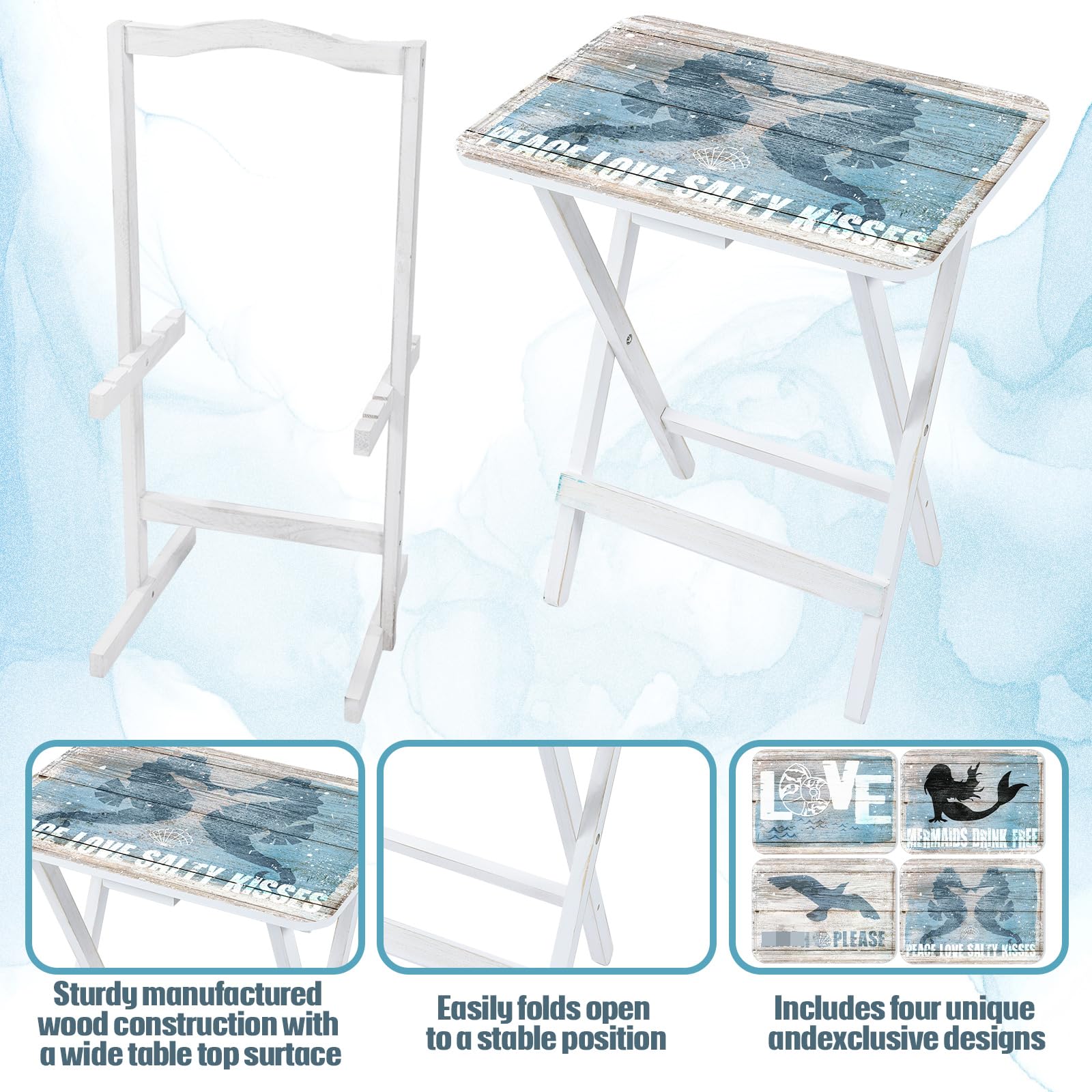 Coastal Beach TV Trays Set of 4 with Stand - Folding Wooden Decorative Dinner Tables for Farmhouse & Couch Dining | Perfect for Snacks, Meals, and Living Room Entertainment