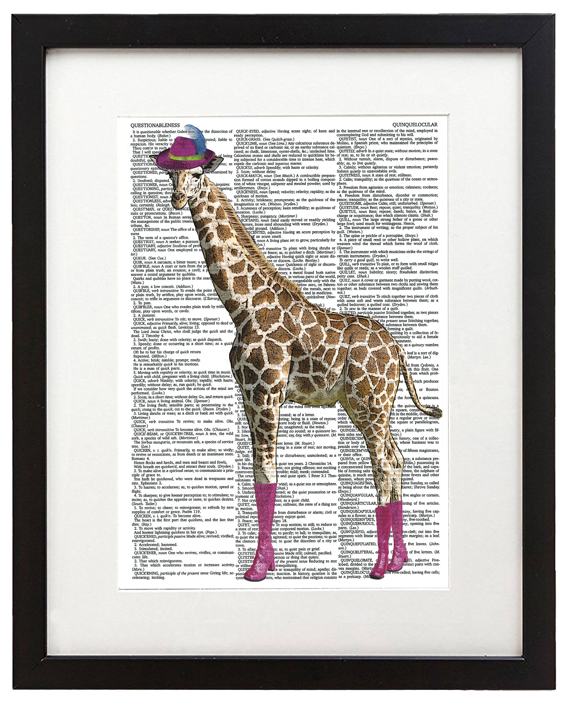 Giraffe in Boots 8.5x11 Inch Wall Art Print - Unique Dictionary Mixed Media Poster on Semi-Translucent Paper - Perfect for Nursery, Kids Room & Bohemian Home Decor