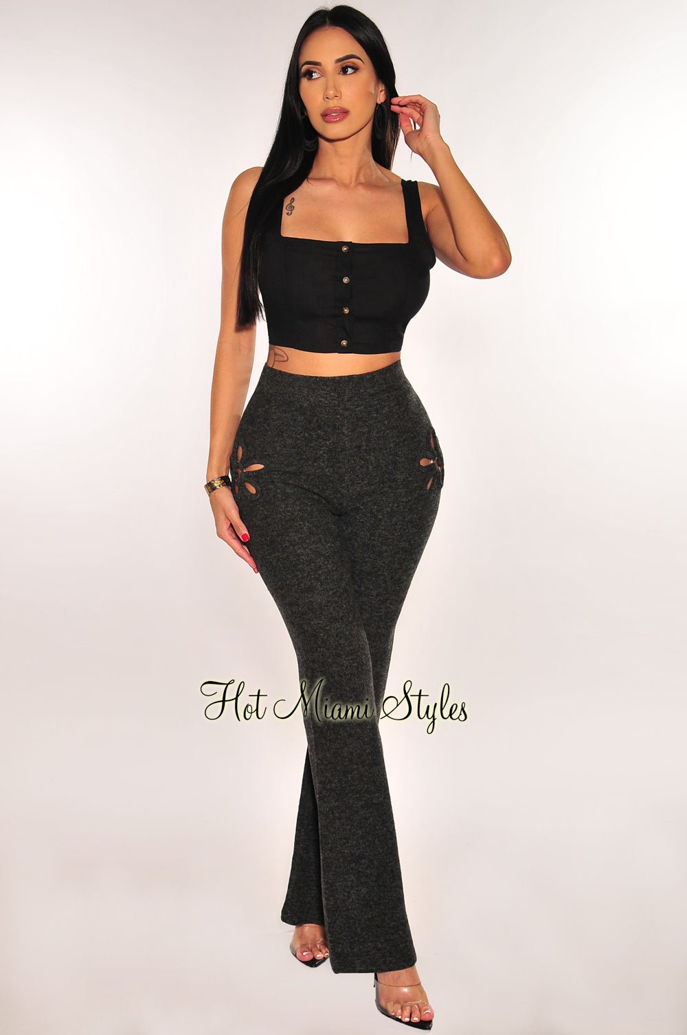 Stylish Charcoal Knit Floral Ring Flare Pants for Women - Boho Chic High Waisted Wide Leg Trousers for Casual Outings & Date Nights