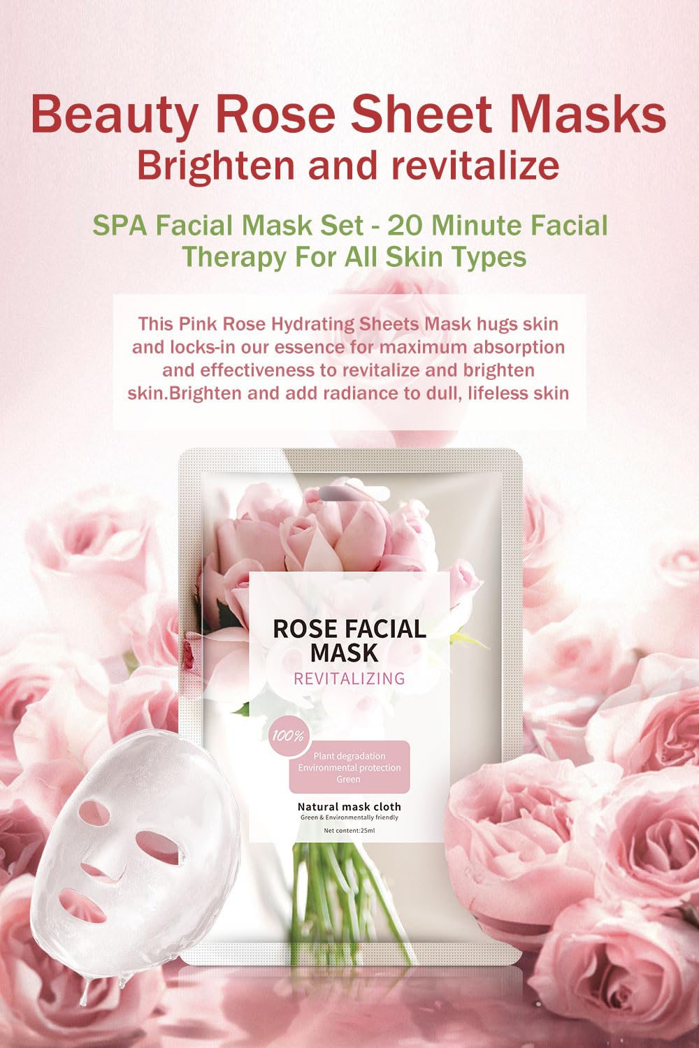 Hydrating Rose Face Masks 10 Sheets - Christmas Beauty Gifts for Women Skincare