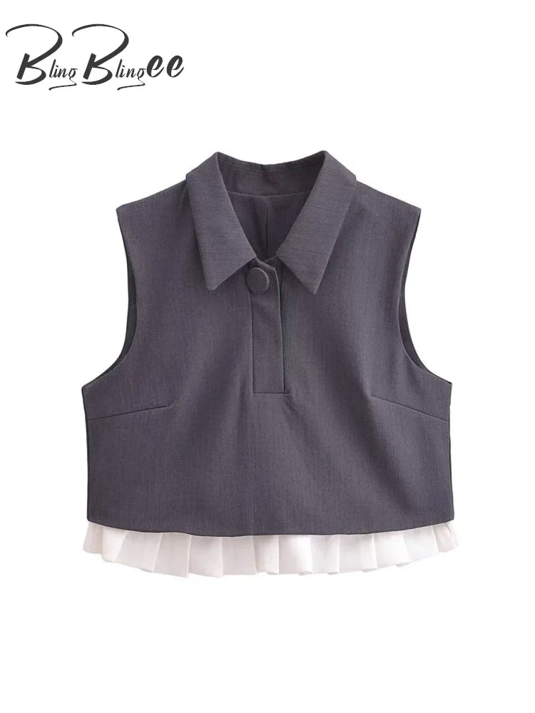 BlingBlingee Women's Summer Sleeveless Crop Top & Pleated Mini Skirt Set - Y2K Grey Patchwork Outfit for Casual Wear, Beach Vacation & Street Style Fashion