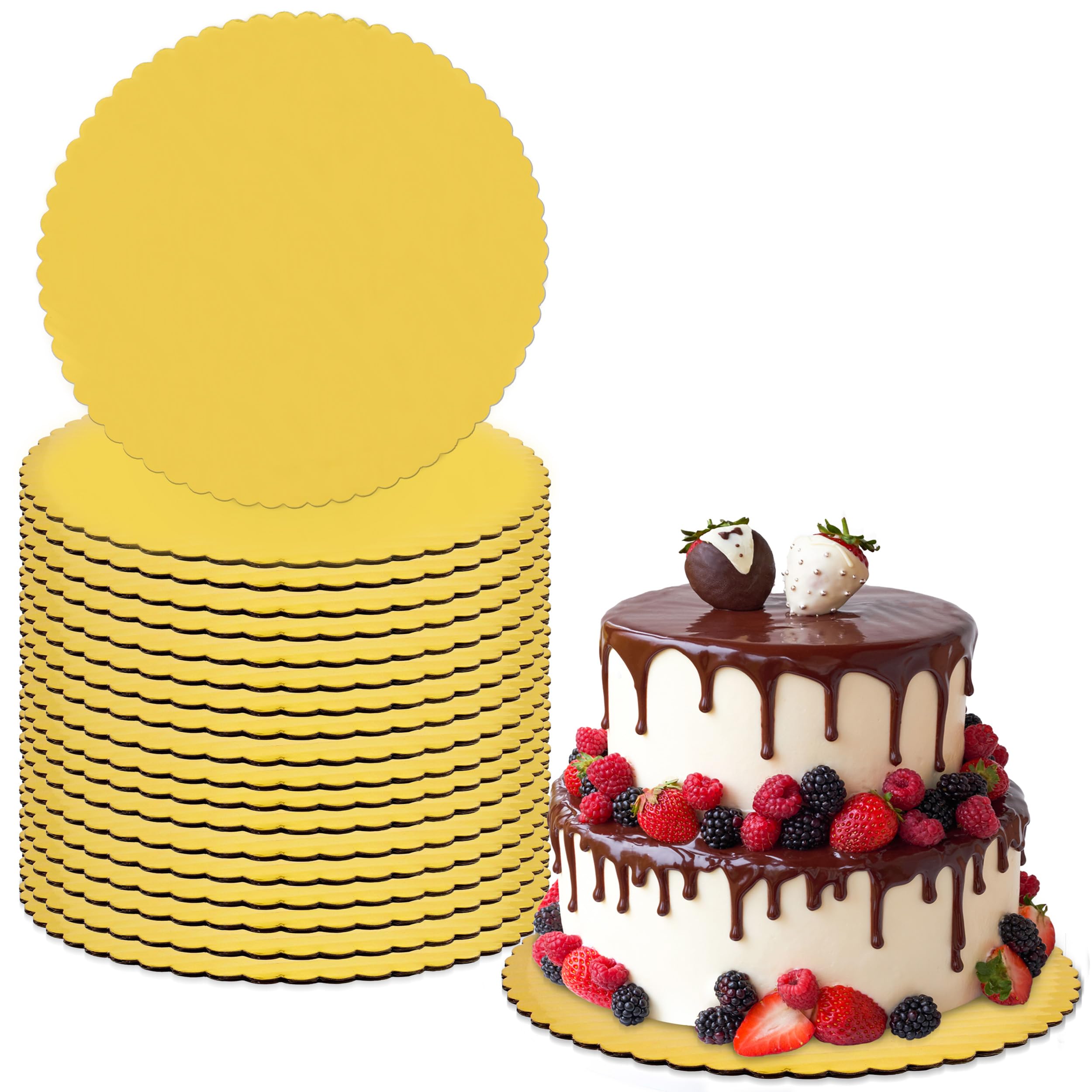 20-Pack 10 Inch Round Gold Cake Boards with Scalloped Foil Edge - Sturdy Cardboard Cake Drums for Professional Baking, Wedding Cakes, Birthday Parties & Dessert Displays