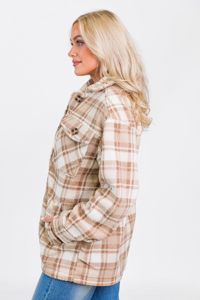 Through The Leaves Khaki Sherpa Plaid Shacket - Cozy Fleece-Lined Overshirt for Men & Women | Perfect for Fall & Winter Outdoor Adventures, Camping, and Casual Wear