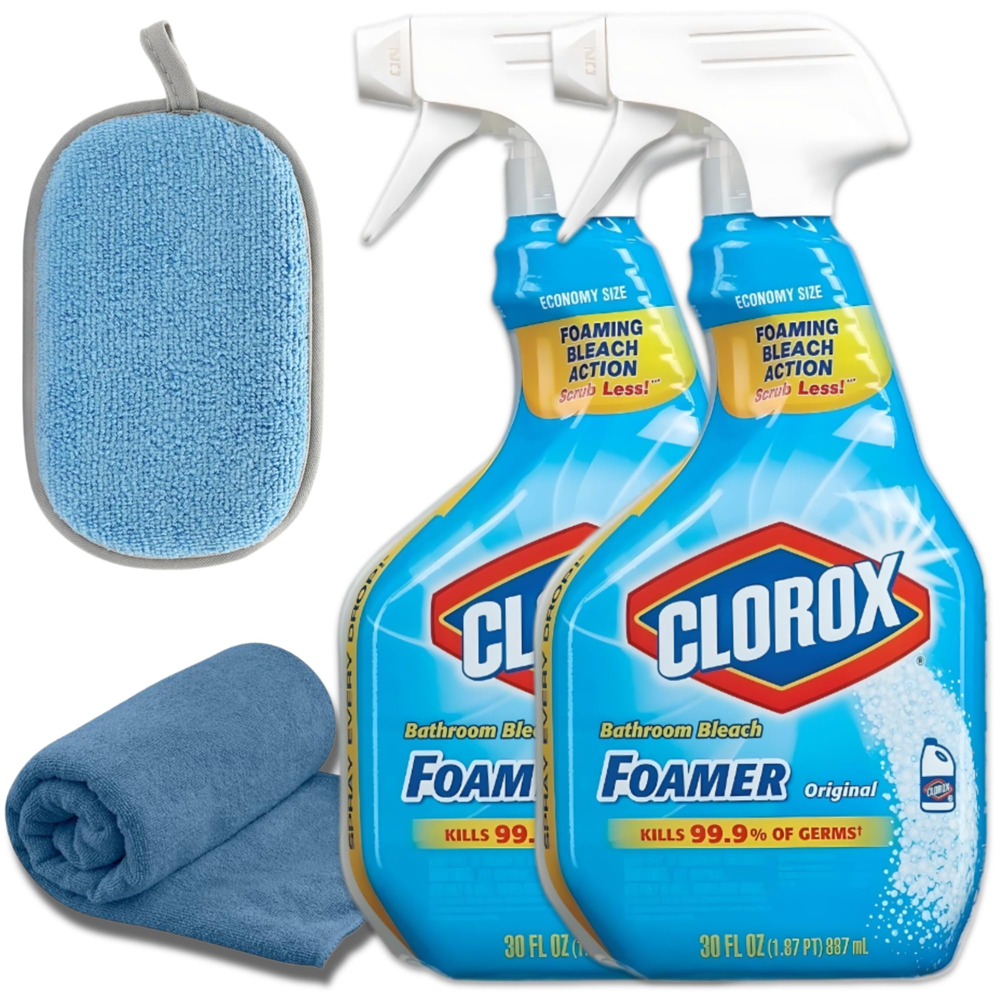 Microfiber Towel & Scrub Sponge Bundle with Clorox Foaming Bathroom Cleaner 30oz (2 Pack) - All Purpose Household Cleaner for Kitchen, Bathroom, Tile, Countertops | Perfect for Deep Cleaning, Disinfecting Surfaces & Quick Spill Cleanups