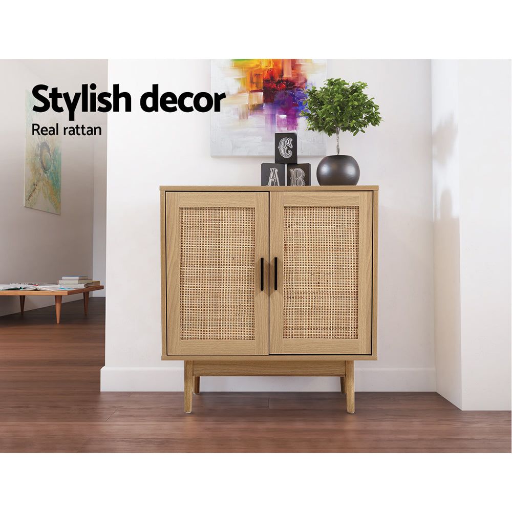 Rattan Buffet Sideboard Cabinet - Stylish Storage Hallway Table & Kitchen Cupboard for Dining Room, Living Room, and Entryway Organization