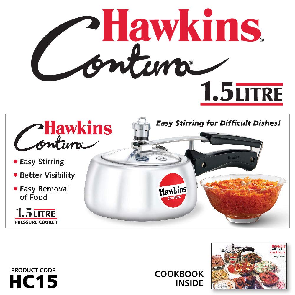 Hawkins HC15 Contura 1.5-Liter Aluminum Pressure Cooker | Small Silver Stovetop Cooker for Fast & Healthy Meals | Perfect for Rice, Stews & Indian Cooking