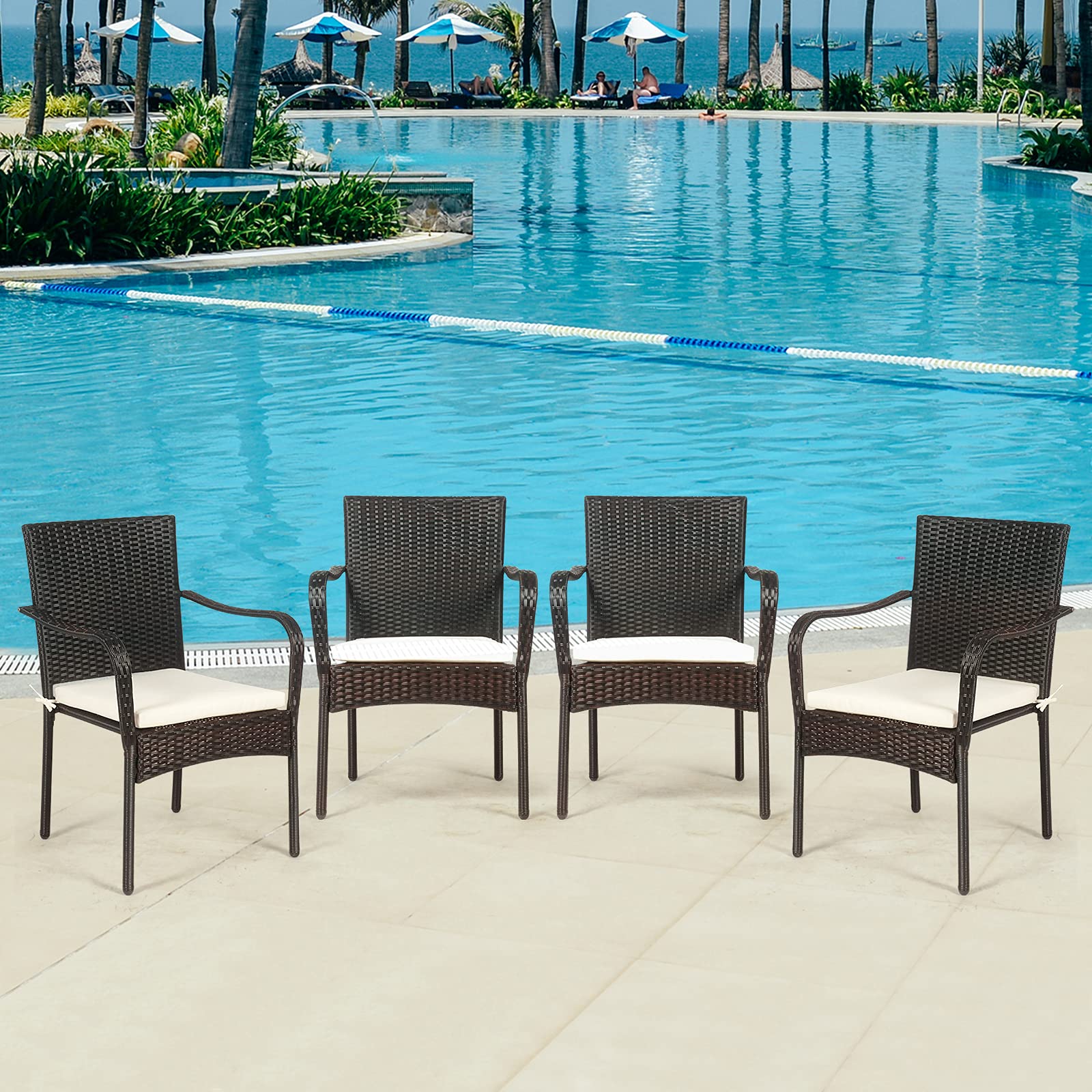 RELAX4LIFE 4-Piece Stackable PE Wicker Patio Dining Chairs Set with Comfortable Cushions & Rust-Proof Steel Frame - Outdoor Conversation Chairs for Porch, Garden, Poolside & Backyard Relaxation | Perfect for Dining, Lounging and Entertaining Guests