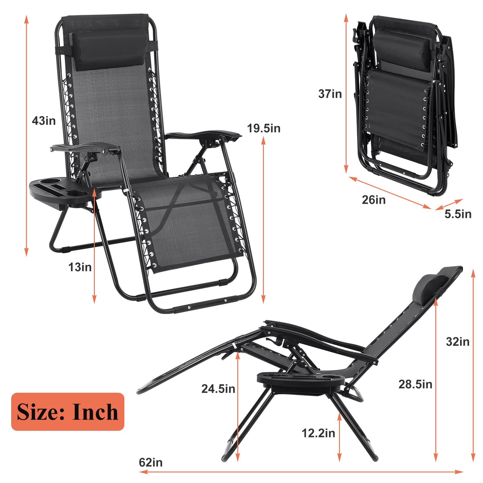 Premium Zero Gravity Reclining Chair with Pillow & Cup Holder - Adjustable Folding Outdoor Lounge Chair for Patio, Poolside, Camping & Backyard Relaxation - Breathable Mesh Fabric & Durable Steel Frame - Black