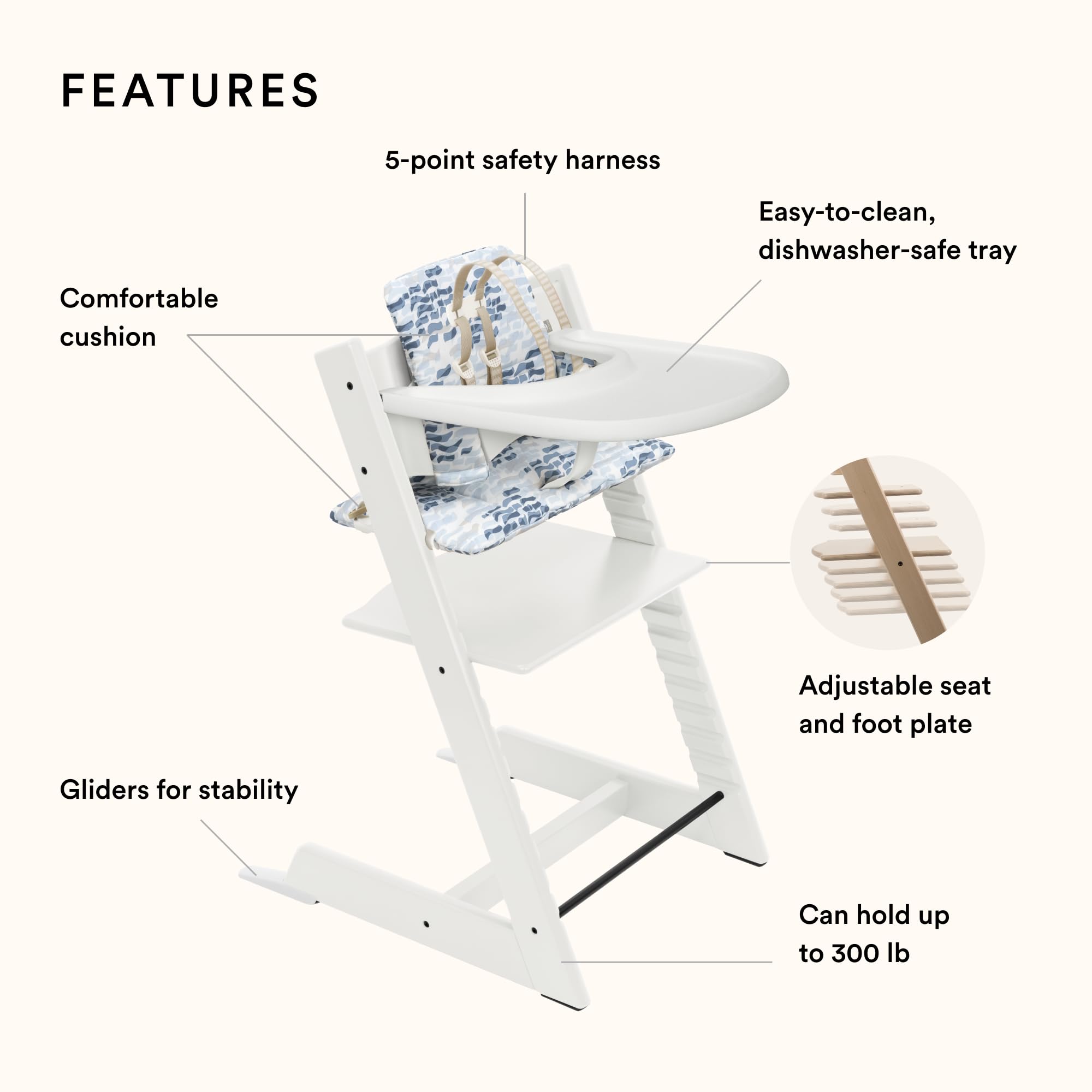 Stokke Tripp Trapp Adjustable High Chair with Cushion & Tray - Convertible Baby to Toddler Chair in White & Waves Blue | Perfect for Dining, Feeding & Learning at Home