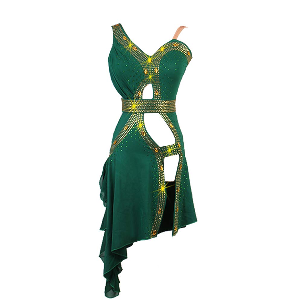 Sparkling Green Rhinestone Latin Dance Dress for Women - Backless Salsa, Tango, Cha Cha Ballroom Competition & Practice Outfit | Perfect for Performances, Stage Shows & Dance Events