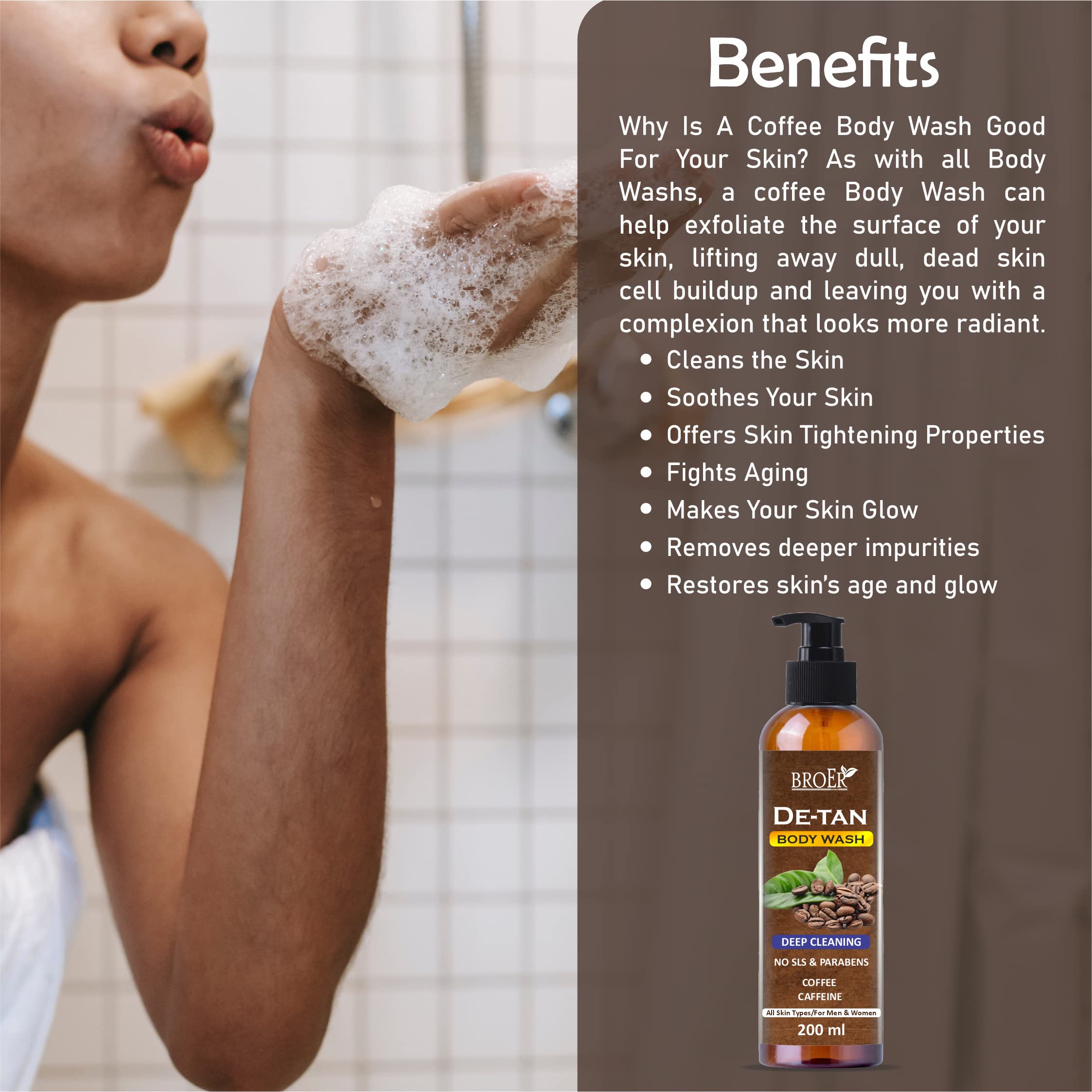 BROER Coffee Infused Body Wash & Shower Gel - 200ml Deep Cleansing for Men & Women, Removes Oil, Dirt & Grime | Moisturizing & Refreshing for Daily Shower & Post-Workout Cleansing