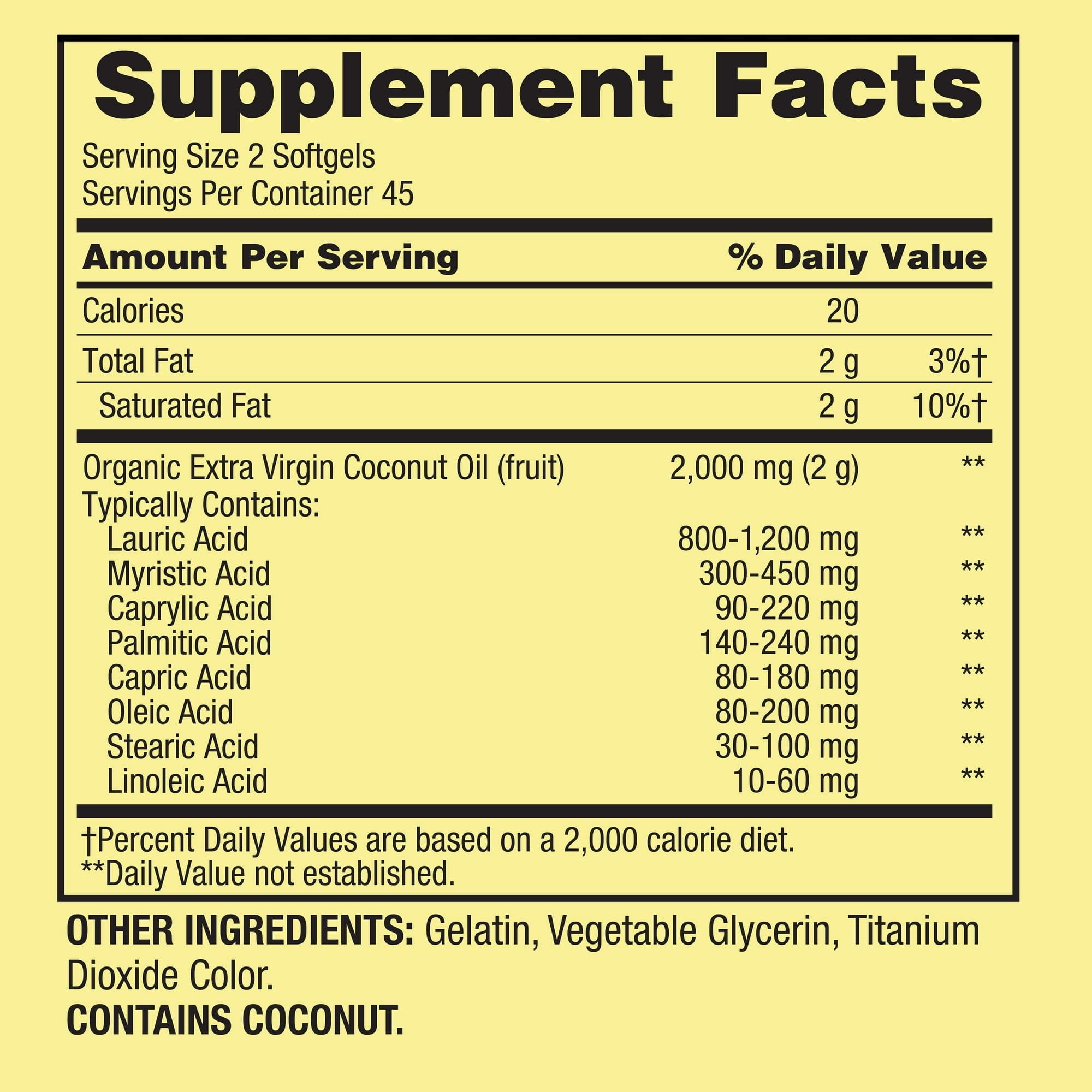 Spring Valley Extra Virgin Coconut Oil Softgel Capsules 1000mg - 90 Count (Pack of 1) | Supports Heart Health & Energy Boost | Perfect for Cooking, Smoothies & Hair Care