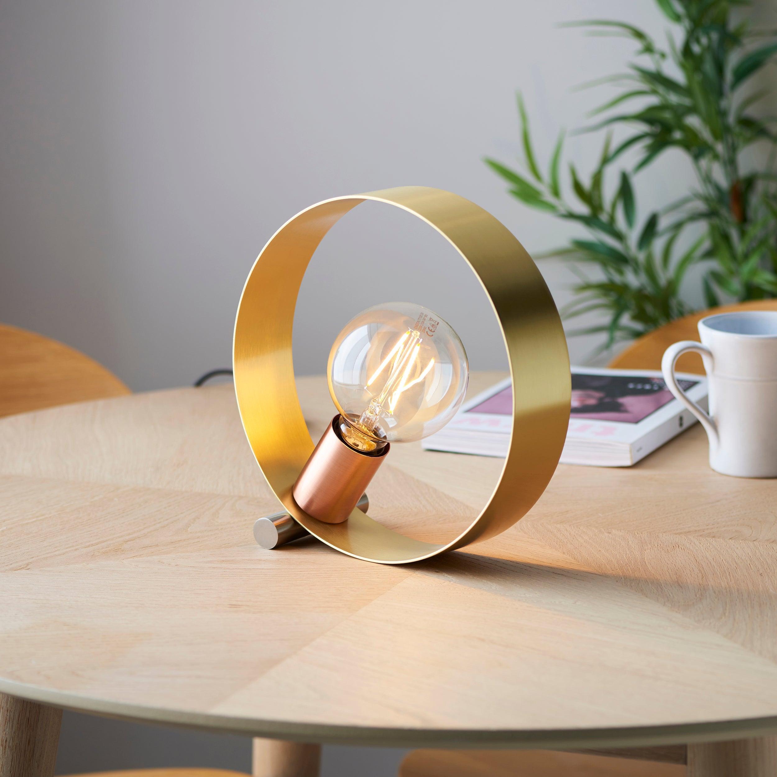 Endon Hoop 1 Light Brass Finish Table Lamp - Modern Desk Lamp for Bedroom, Living Room & Office - Perfect for Reading, Working & Home Decor