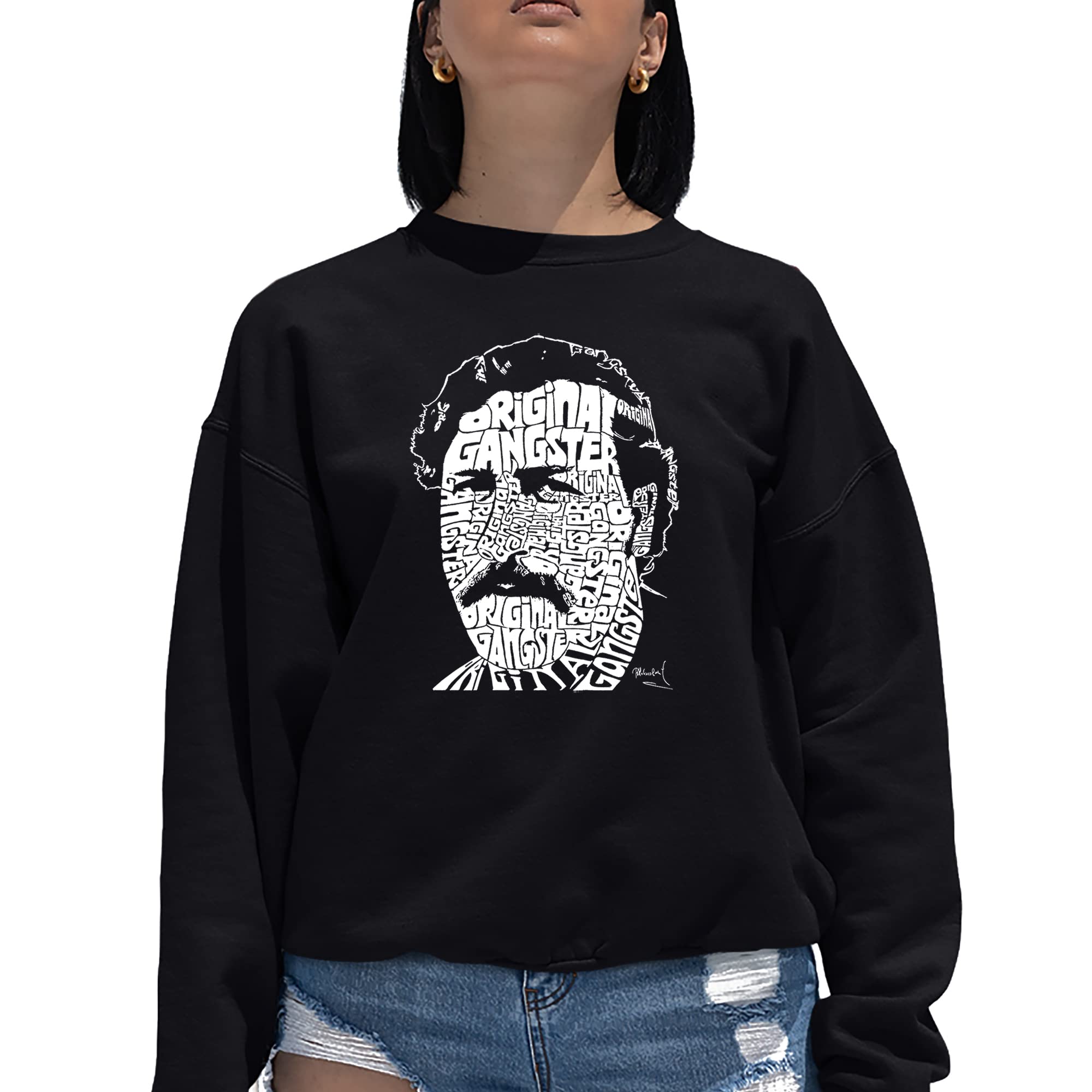 LA POP ART Women's Word Art Crewneck Sweatshirt - Pablo Escobar Inspired Graphic Pullover | Trendy Streetwear Fashion | Perfect for Casual Outings, College Campus Style & Gift Giving
