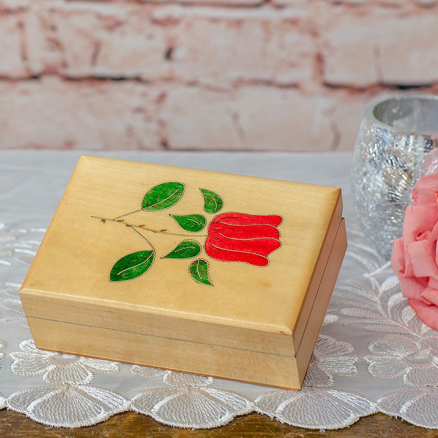 Handmade Linden Wood Jewelry Box with Cornell Red Rose Polish - Keepsake Gift for Women, Perfect for Valentine's Day, Anniversary & Bridal Shower Gifts