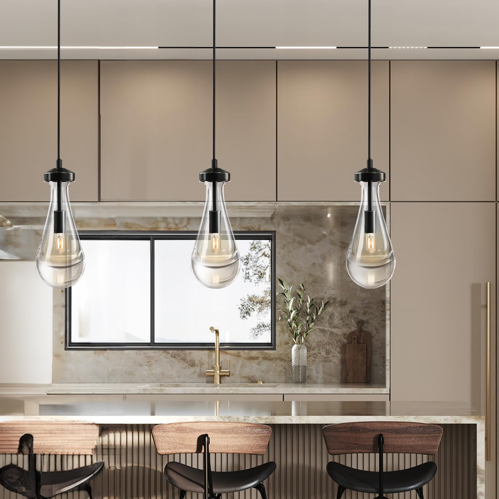 Black Raindrop Pendant Light Set of 2 - Modern Tear Drop Chandelier Fixtures for Kitchen Island, Dining Room, Bedroom & Bathroom - Includes LED Bulbs - Perfect for Farmhouse, Industrial & Contemporary Decor