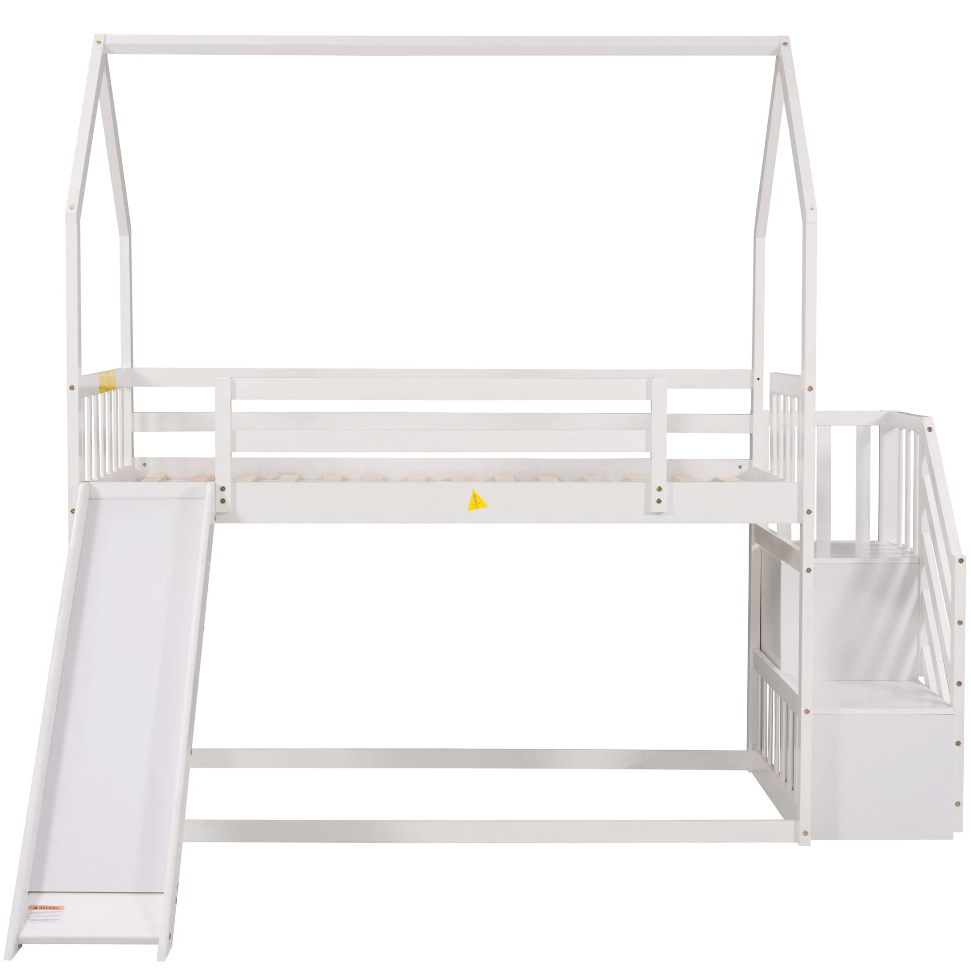 Goohome Twin Over Twin Wooden Bunk Bed with Convertible Slide & Storage Staircase - Low Loft Bed with Roof, Guard Rails & Wooden Frame for Kids, Teens - Perfect for Small Bedrooms, Shared Kids Rooms & Space-Saving Sleep Solutions