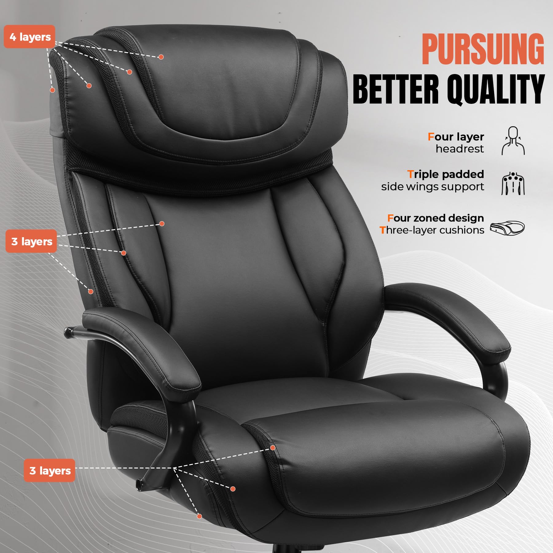 COMHOMA Big and Tall Office Chair 650lbs Capacity - Ergonomic Computer Desk Chair with Adjustable Headrest, 6-Way Rocking & Swivel - High Back Executive Leather Chair with Thickened Armrests - Perfect for Home Office, Gaming, and Long Work Sessions