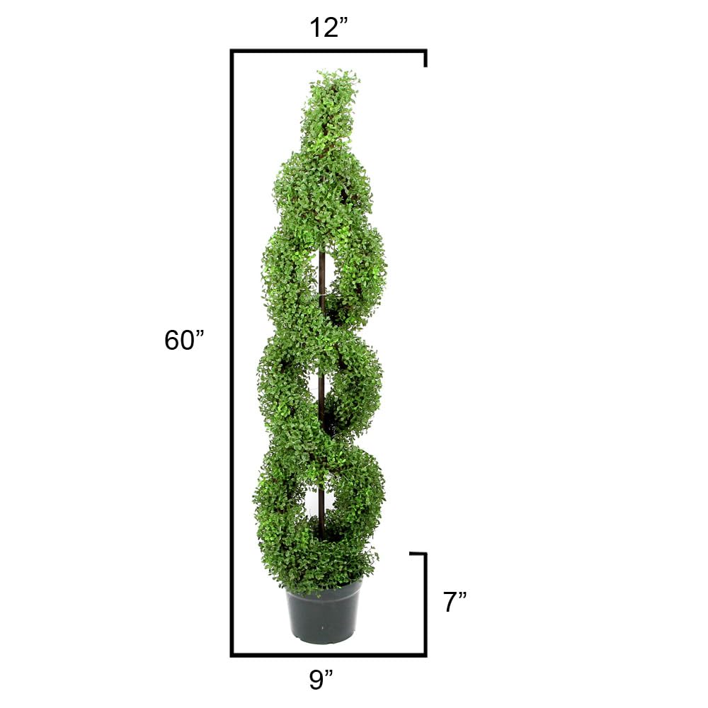 Admired By Nature 2-Pack 5' Artificial Boxwood Spiral Topiary Trees in Plastic Pots - Realistic Green Faux Plants for Indoor & Outdoor Decor, Home, Office, Garden, and Patio