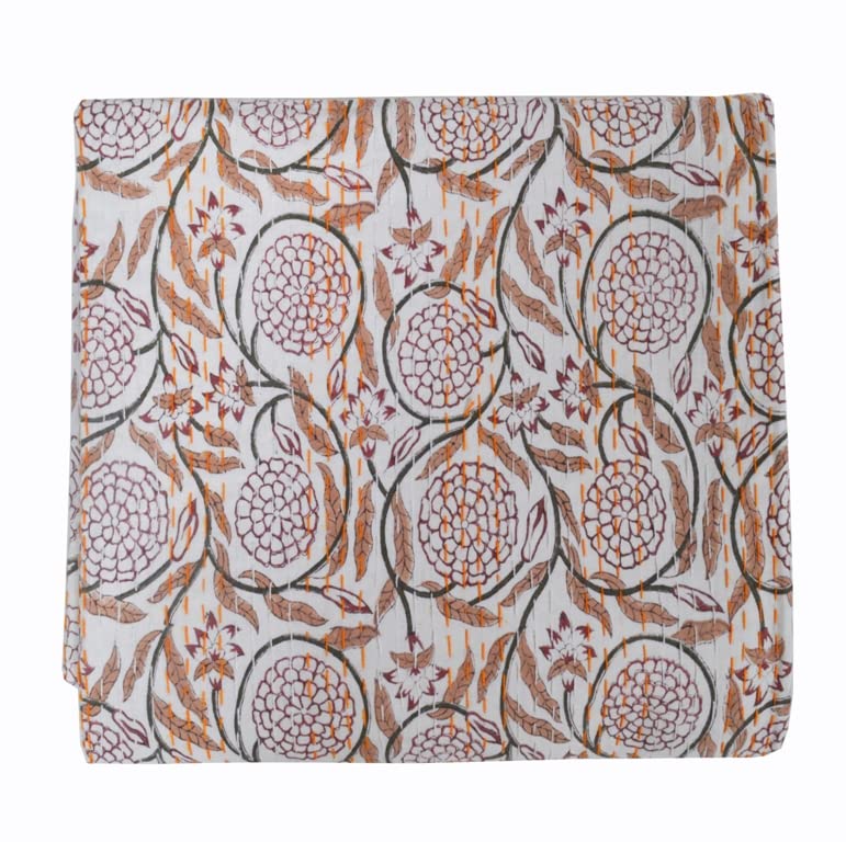 YUVANCRAFTS Indian Hand Block Print Cotton Kantha Quilt - Queen Size 90x108 Inch Brown Throw Blanket & Bedspread for Home Decor, Boho Bedroom, Cozy Living Room
