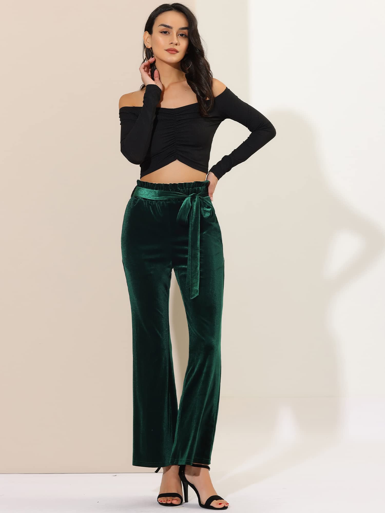 Allegra K Women's Velvet Pants - Stretchy Wide Leg Lounge Pants with Tie Waist & Pockets for Halloween, Christmas & Holiday Parties | Comfortable Casual Wear for Home, Office & Travel