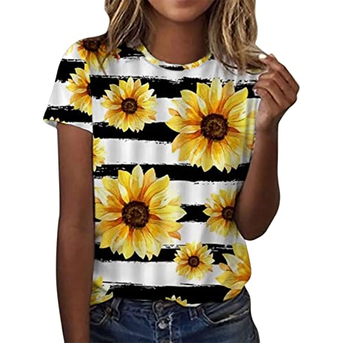 Women's Summer Floral Printed Short Sleeve Crew Neck T-Shirt - Casual & Athletic Top for Everyday Wear (Yellow, Size S) | Perfect for Outdoor Activities, Beach Trips & Casual Outings
