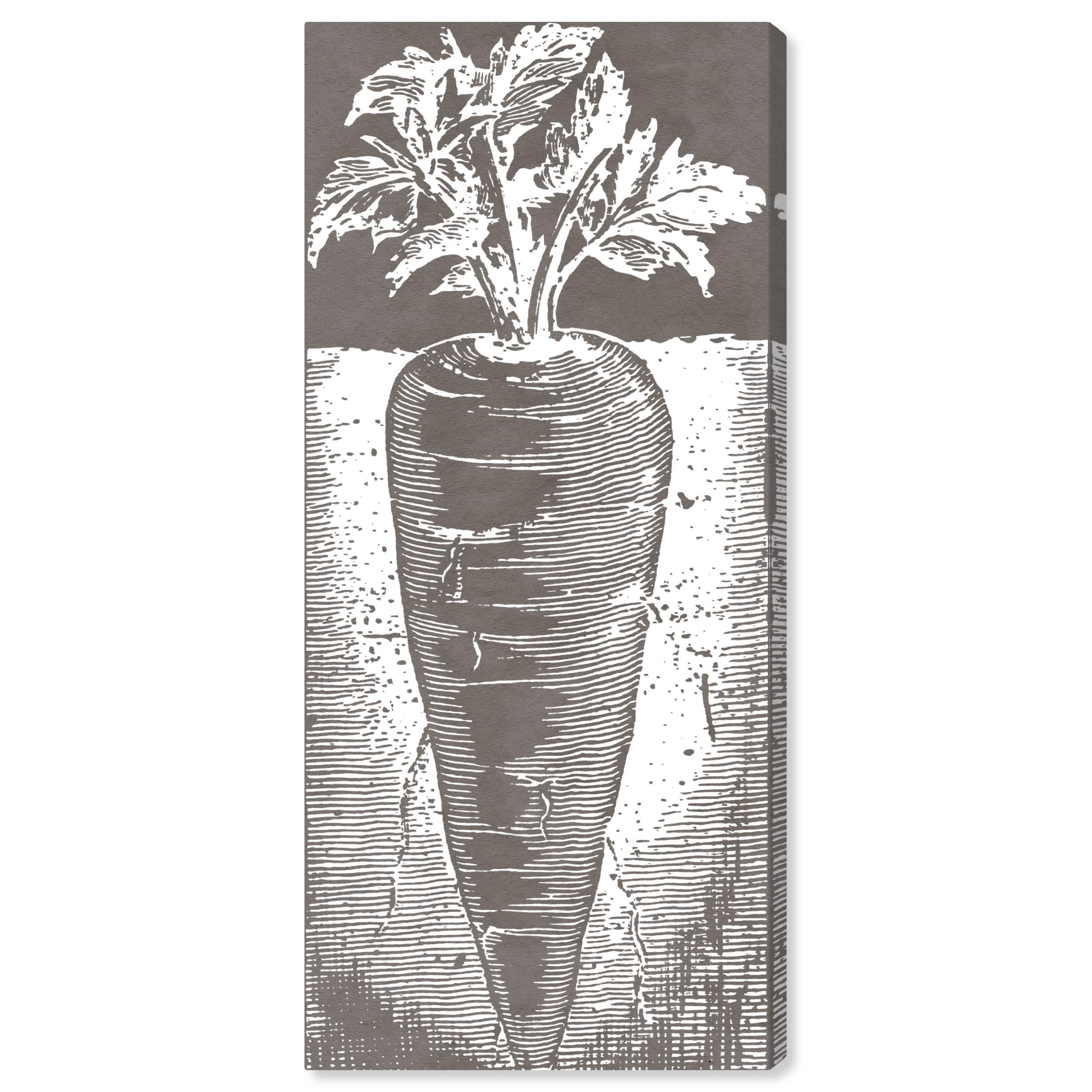 Oliver Gal Artist Co. 'Carrot Woodblock' Kitchen Wall Art - 16x36 Inch Gray & White Canvas Print for Home Decor | Perfect for Farmhouse, Modern & Rustic Kitchens