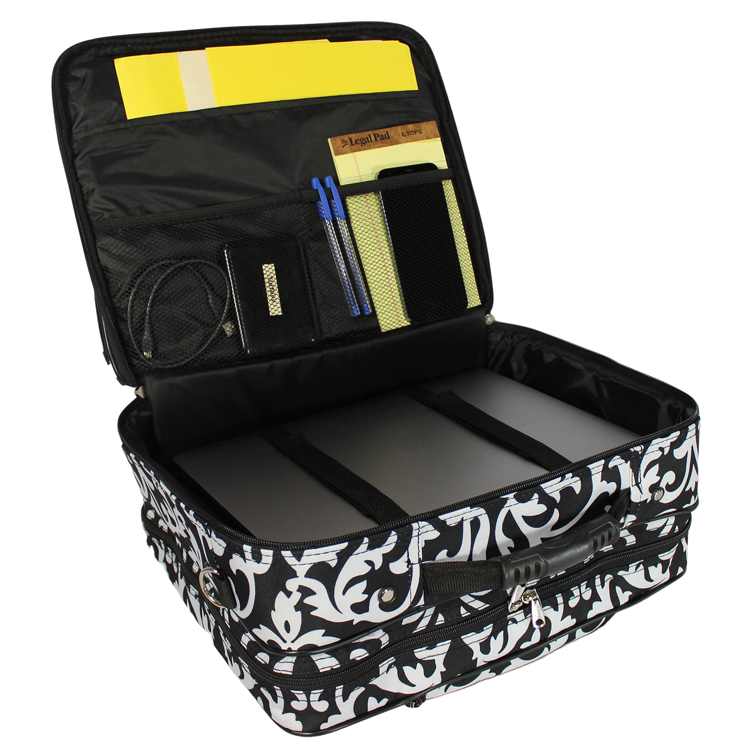 17-Inch Rolling Laptop Briefcase for Travel - Black Damask Computer Case | Perfect for Business Trips & Airplane Carry-On