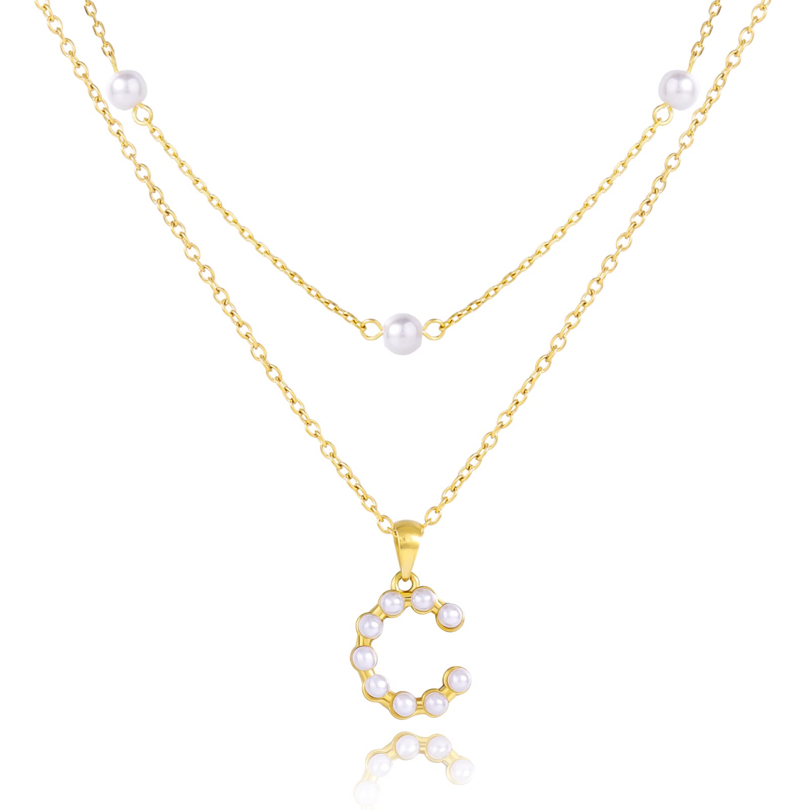 14K Gold Pearl Initial Necklace for Women & Girls - Trendy Dainty Letter Pendant Jewelry Gift for Teens - Layered Link Chain Necklace - Perfect for Birthdays, Anniversaries & Everyday Elegance