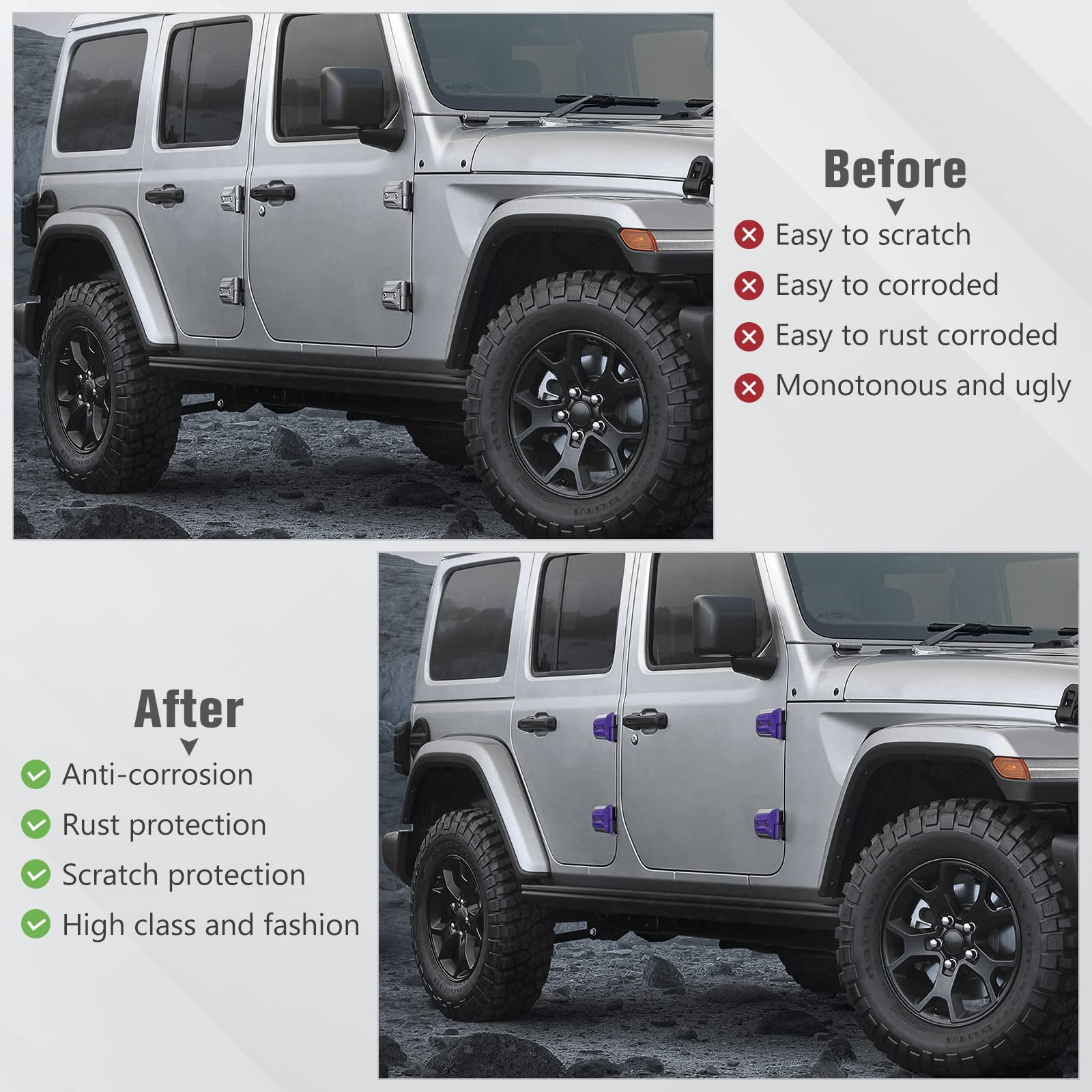 RT-TCZ Jeep Wrangler JLU & Gladiator JT Door Hinge Covers (2018-2024) - 8-Pack Purple Exterior Trim Accessories for Front & Rear Doors | Weatherproof Protection & Stylish Upgrade for Off-Road Adventures