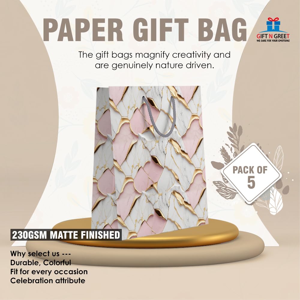Eco-Friendly Recyclable Matte Finish Gift Bags - Medium Size 26x10x32cm (230 GSM) - Pack of 5 | Party Favors, Birthday Gifts, Goodie Bags | Perfect for Weddings, Baby Showers & Corporate Events