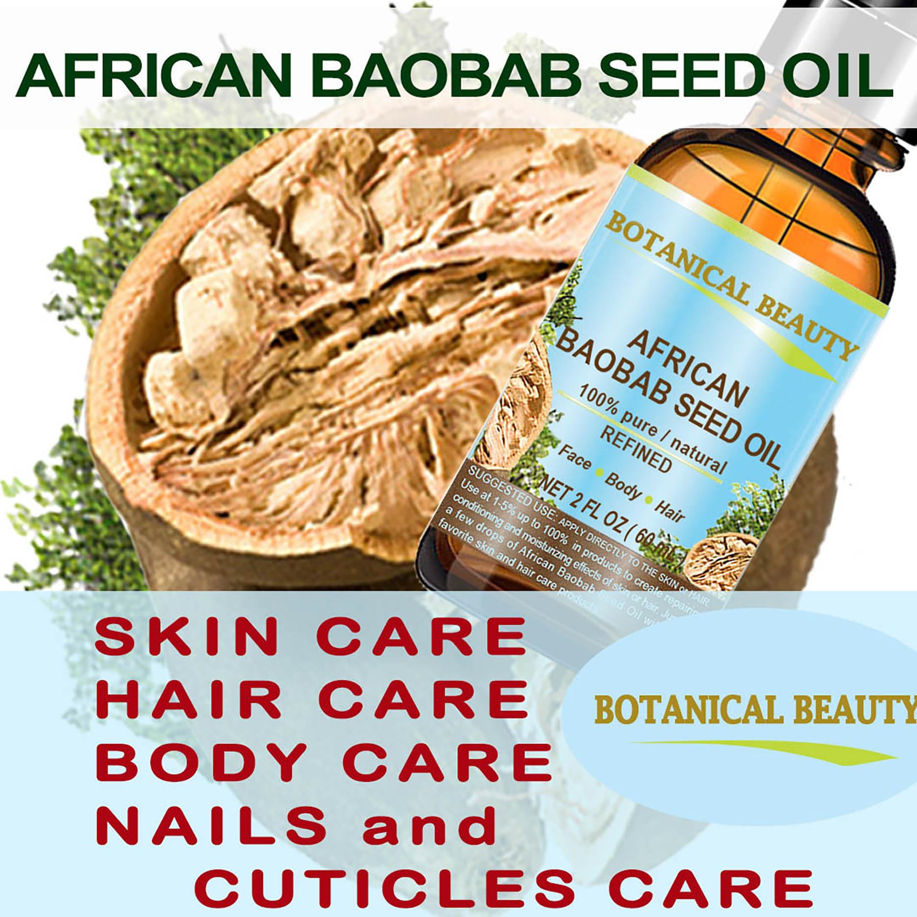 100% Pure Cold-Pressed Baobab Seed Oil - 4 Fl oz (120ml) Natural Carrier Oil for Face, Skin, Hair & Nails - Rich in Vitamin C & Antioxidants - Moisturizing & Anti-Aging Solution for Dry Skin & Hair Care Routine